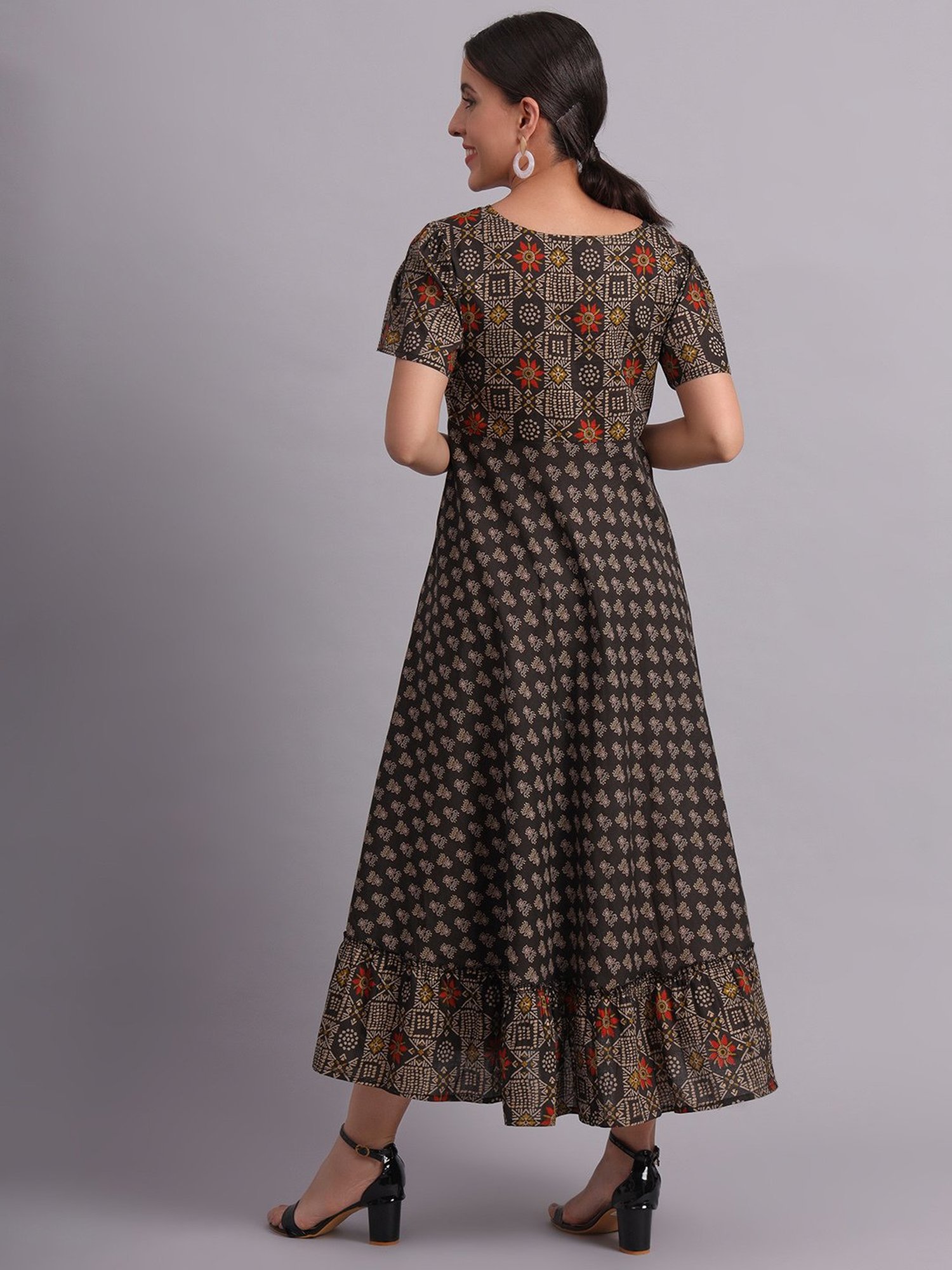 DECKEDUP Black Printed Midi Dress