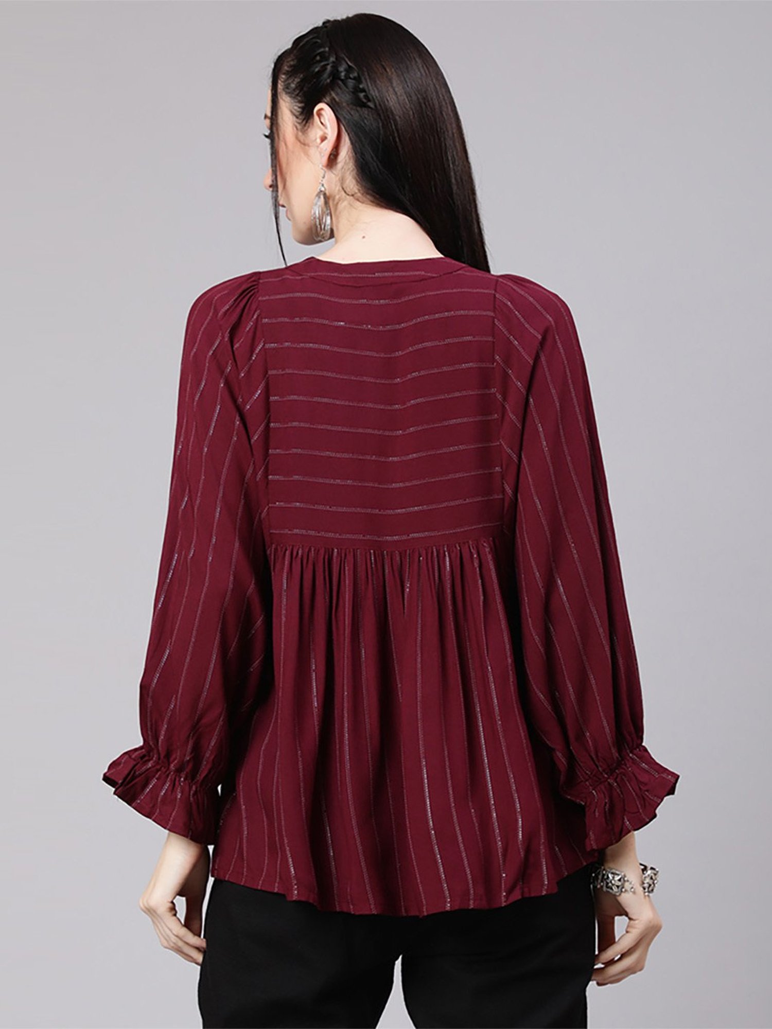 Jaipur Kurti Maroon & Black Striped Top Pant Set