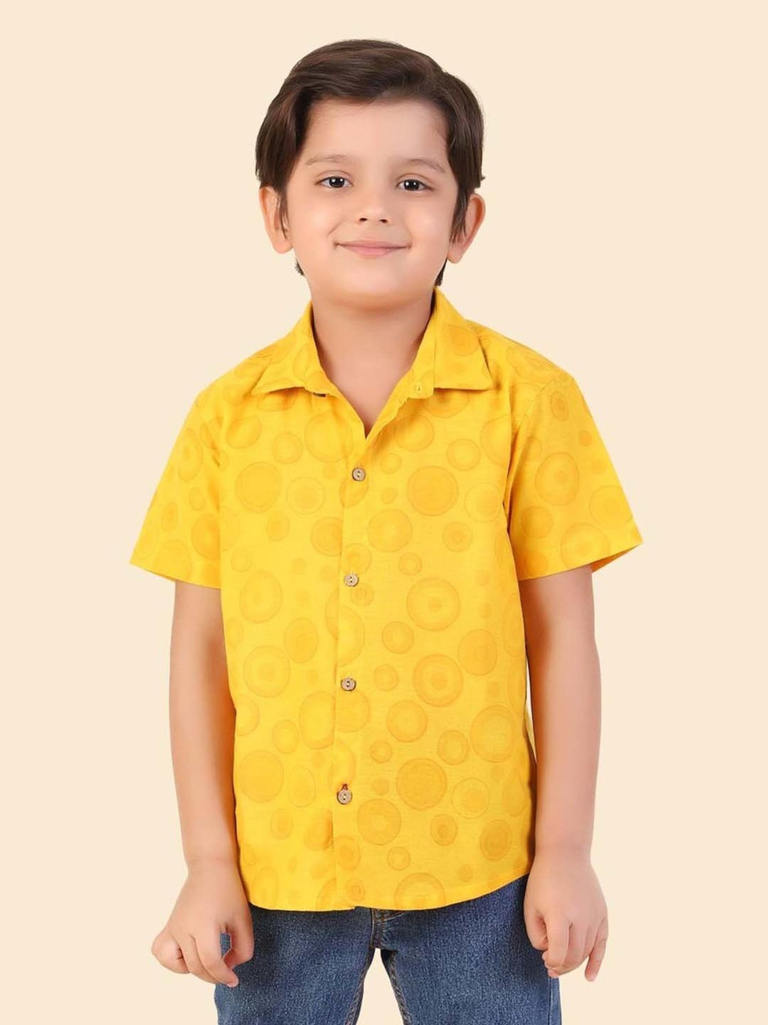 Fabindia Kids Yellow Cotton Printed Shirt