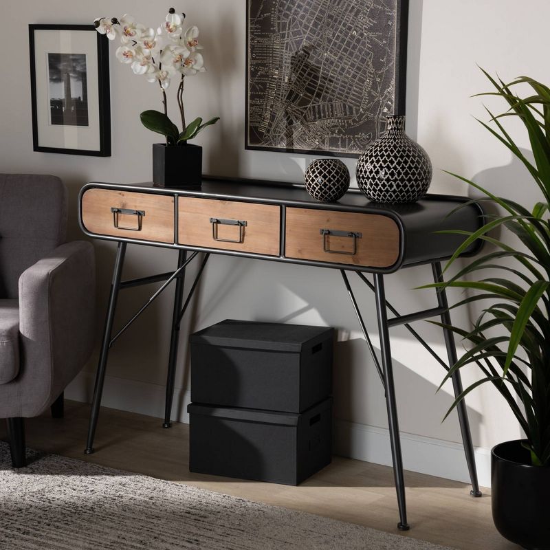 3 Drawer Santo Metal and Oak Finished Wood Console Table Black/Walnut Brown - Baxton Studio