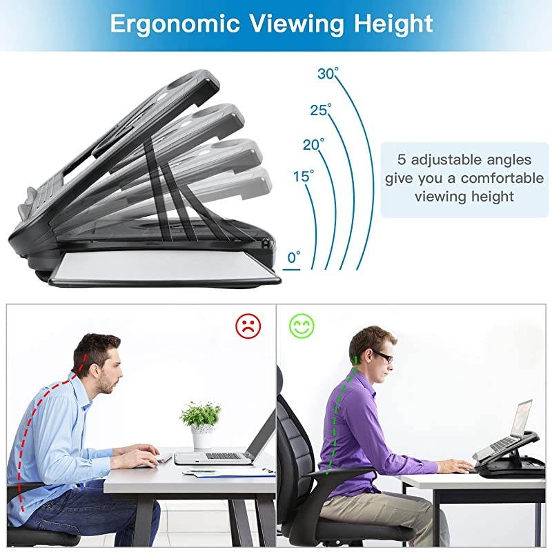 Adjustable Lap Desk with Cooling Fan, Fits 15.6 Inch Laptops, Comfortable Laptop Desk Stand with 5 Adjustable Angles, Detachable Mouse Pad & Mesh Cushion Base