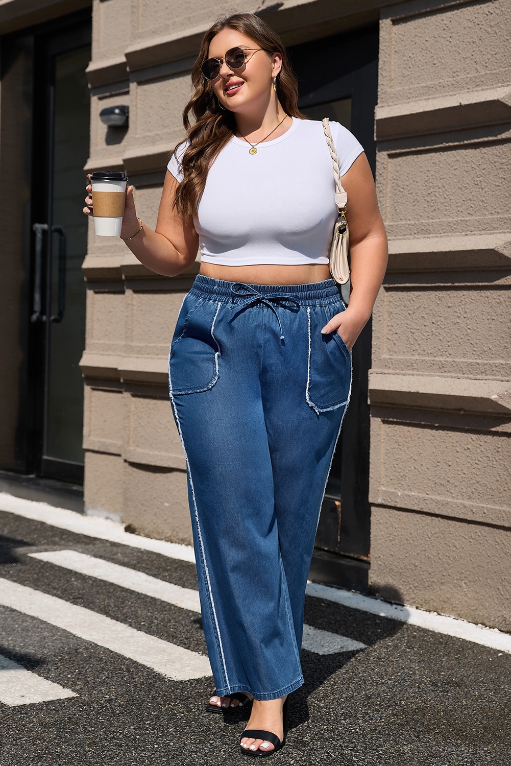 Dark Blue Plus Size Stitching Washed Flare Jeans