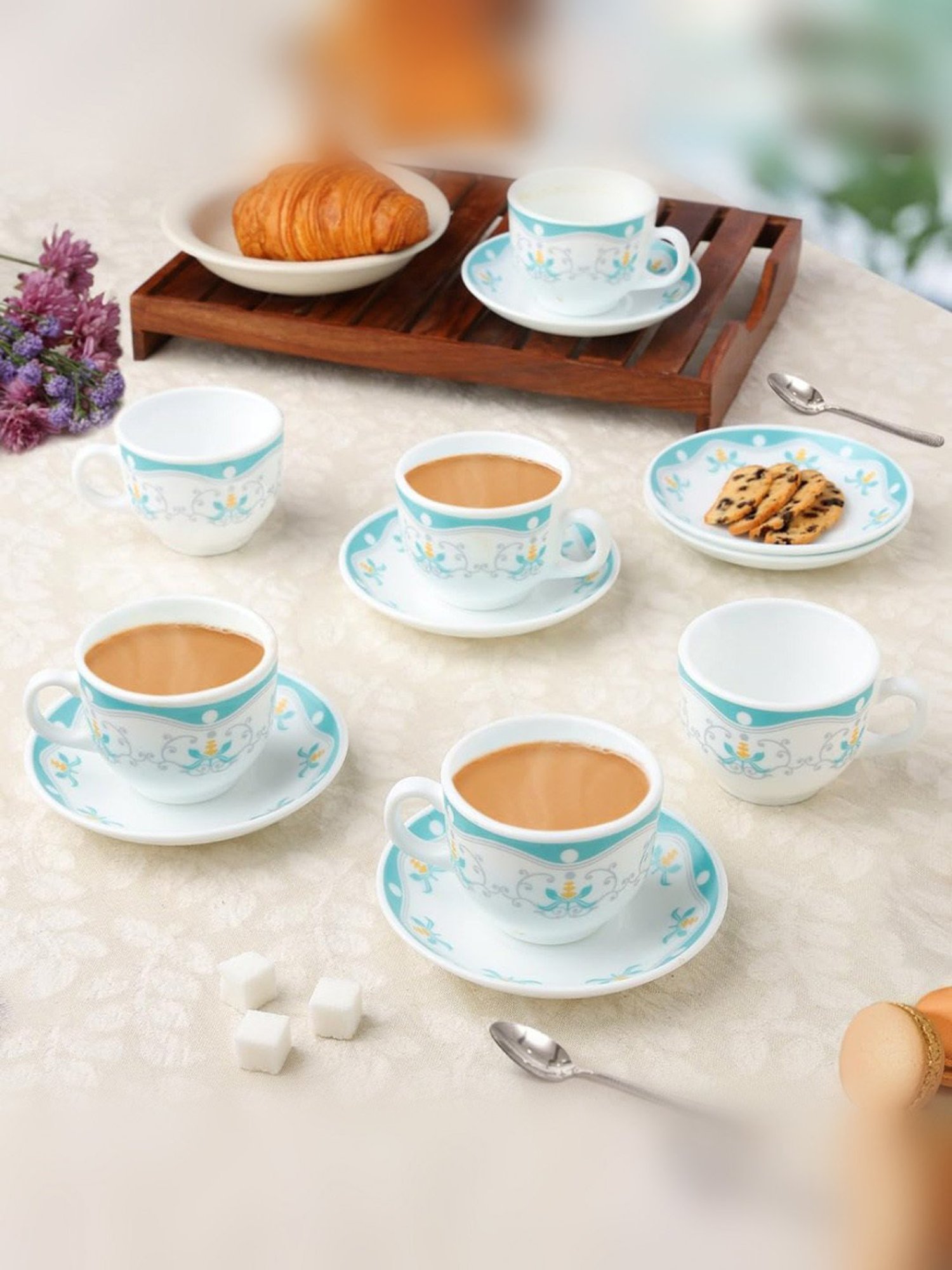 Larah by Borosil Multicolor Ceramic Opalware Cup and Saucer Set of 12 220ml