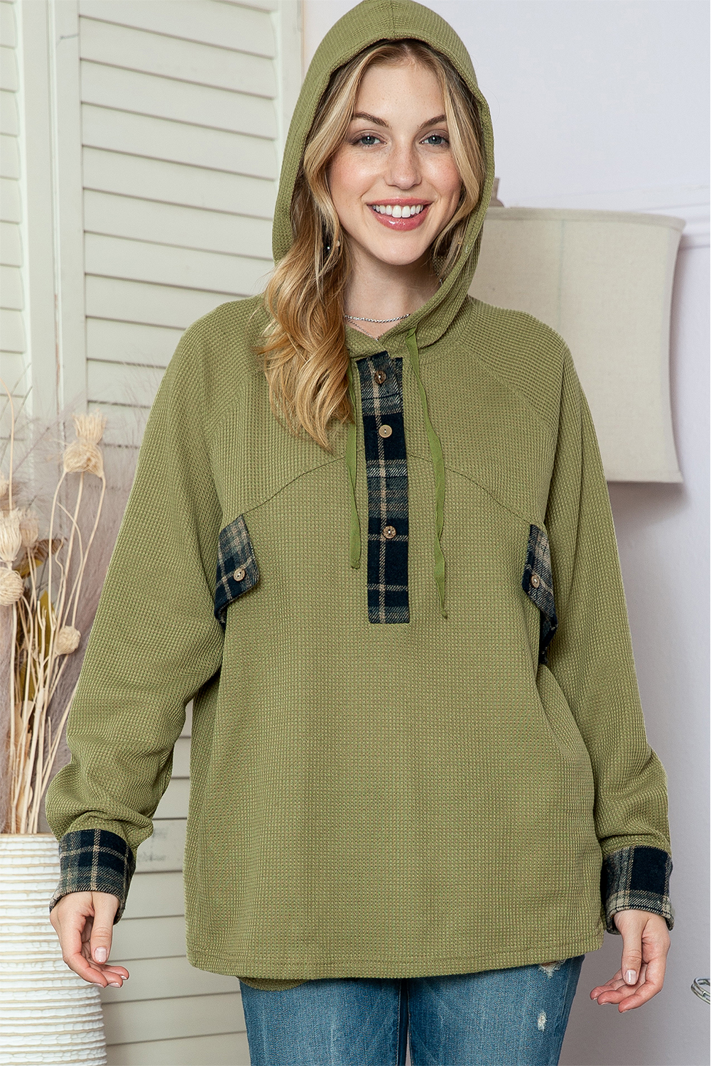 Green Waffle Knit and Flannel Henley Oversized Hoodie
