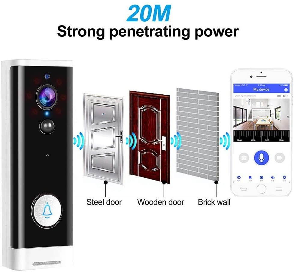 1080 Hd WiFi Video Doorbell Pro with Indoor Chime, Wireless Security Doorbell Alexa, PIR Motion Detection, Wide Angle, Night Vision, Real-Time Notification, Two-Way Talk,White,EU Voltage B