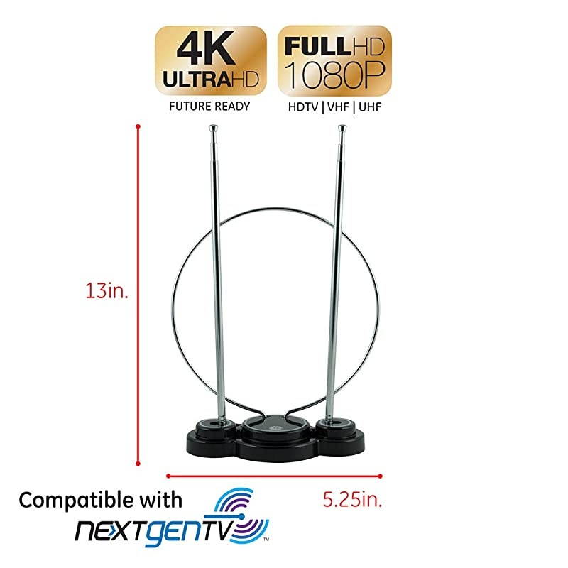 Traditional Rabbit Ears Indoor Black TV Antenna 15 inch Extendable Dipoles and Circular Loop Tabletop Antenna Digital HDTV Antenna Smart TV Compatible 4K 1080P VHF UHF Compact Design 33676