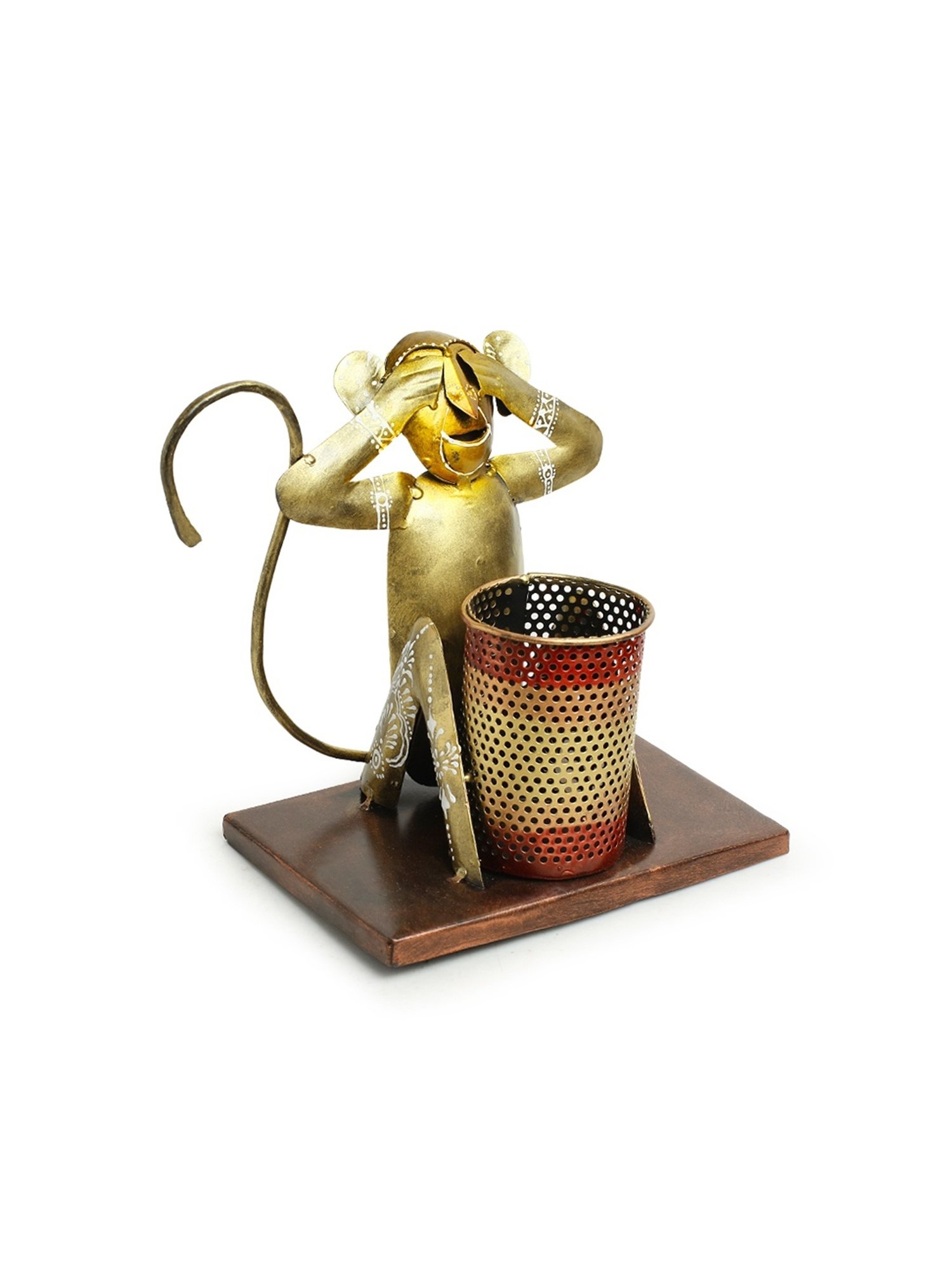 ExclusiveLane Gold Sheet Metal Monkey Mischiefs Hand-Painted Pen Stand