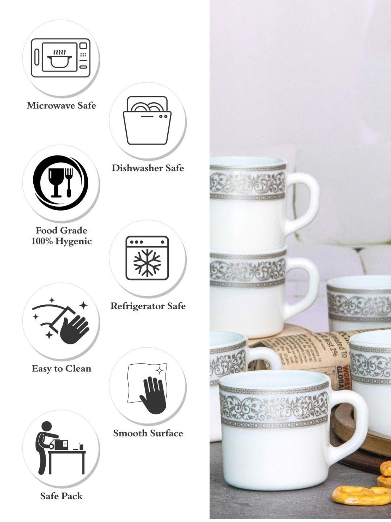 Cello White & Grey Opalware Solitaire Tea Mug (0.1 L) - Set of 6