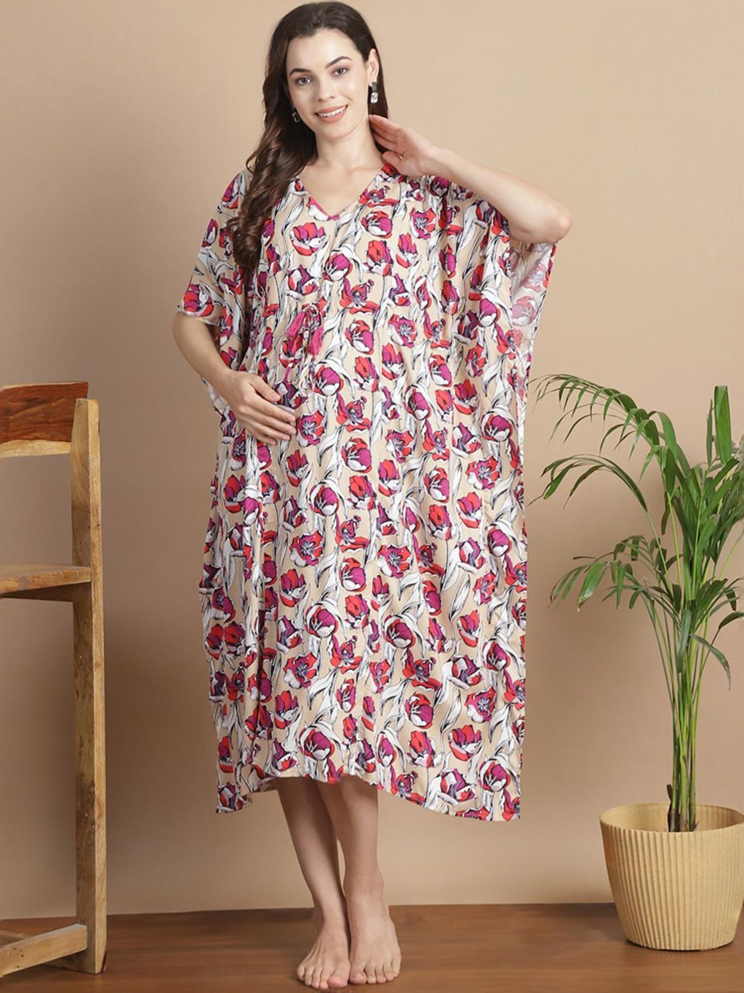 Secret Wish Beige Floral Print Kaftan