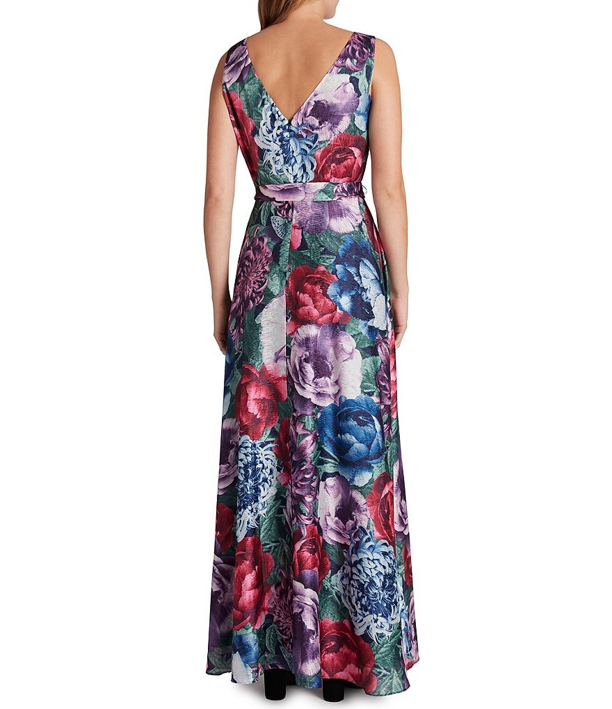 Tahari ASL Sleeveless Boat Neck Tie Waist Rose Gown