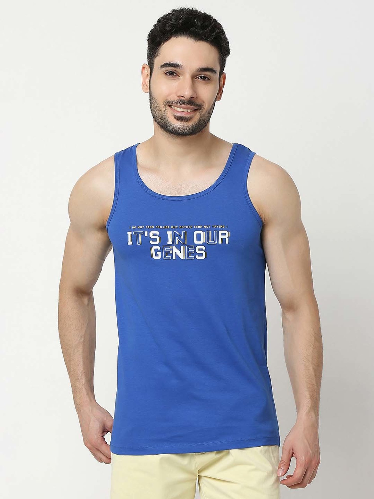 UnderJeans by Spykar Royal Blue Regular Fit Printed Cotton Vest