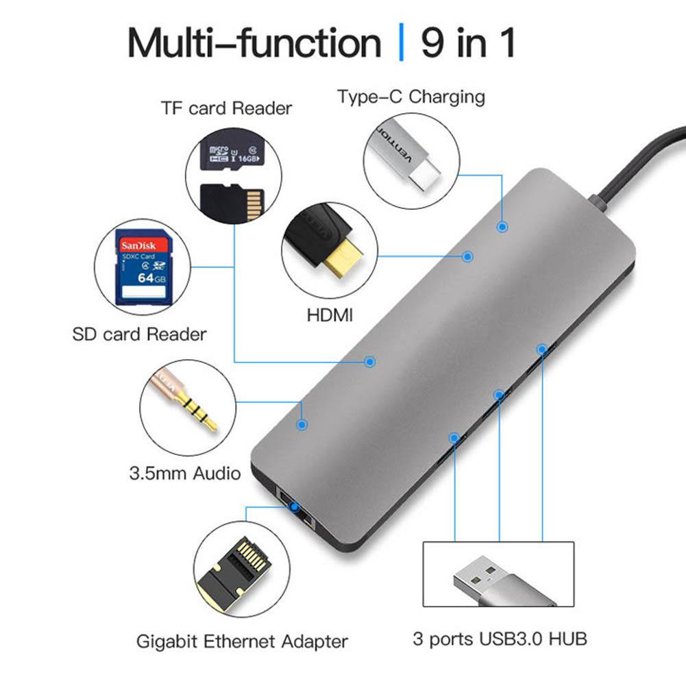 ESTONE USB C Hub 9 in 1 Aluminum Multiport Adapter With USB-C Charging, Port of Mic/Audio,3 USB 3.0 ports, HDMI, TF, MICro SD for Macbook Pro, Surface Pro,Notebook PC, USB Flash Drives and More