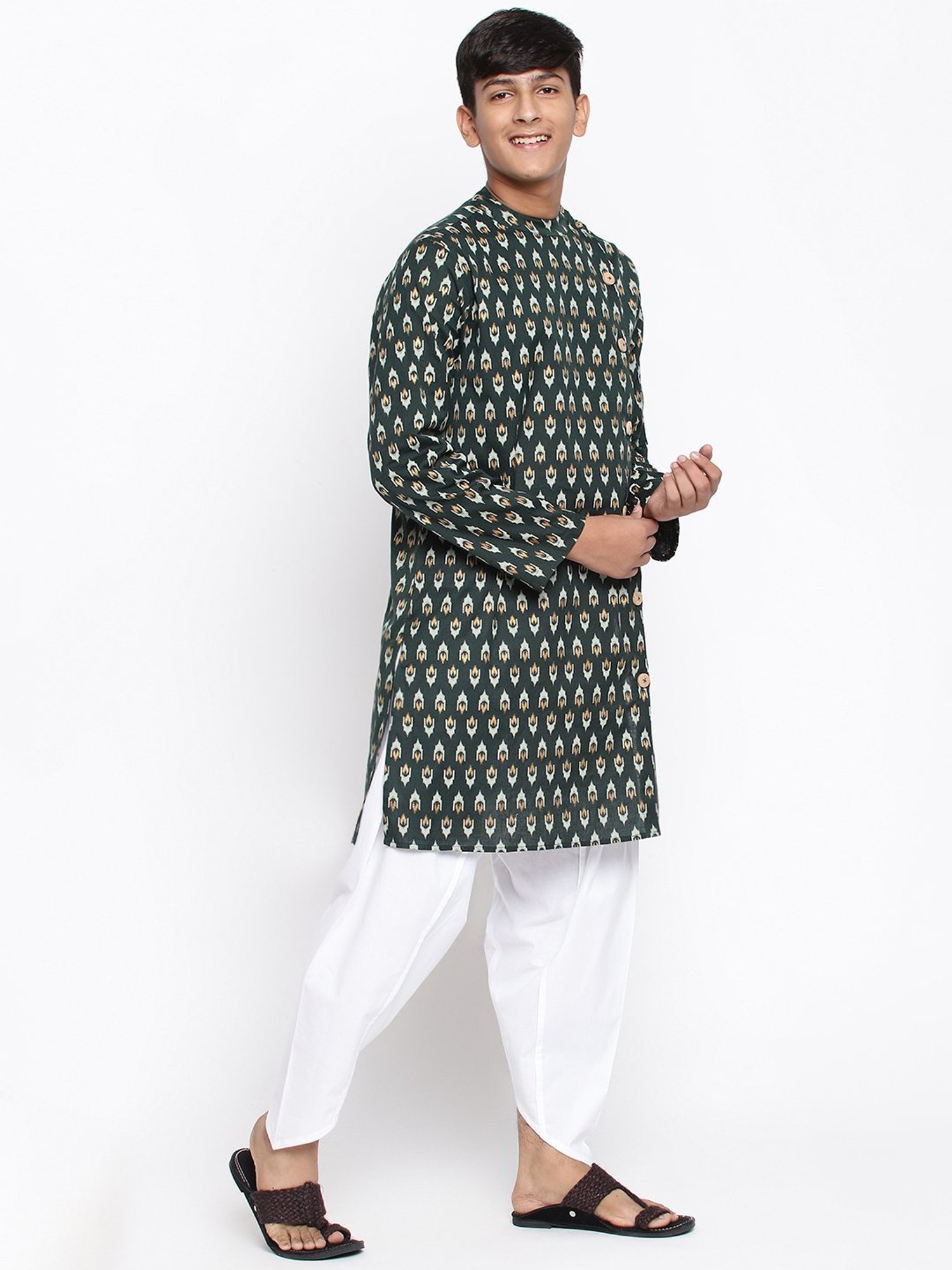 Lil Tomatoes Kids Green & White Cotton Printed Full Sleeves Kurta Set