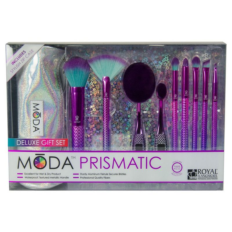 MODA Brush Prismatic 10pc Deluxe Gift Makeup Brush Set with Holographic Zip Case, Includes - Foundation, Fan, Eye Shader, and Angle Eyeliner Brushes