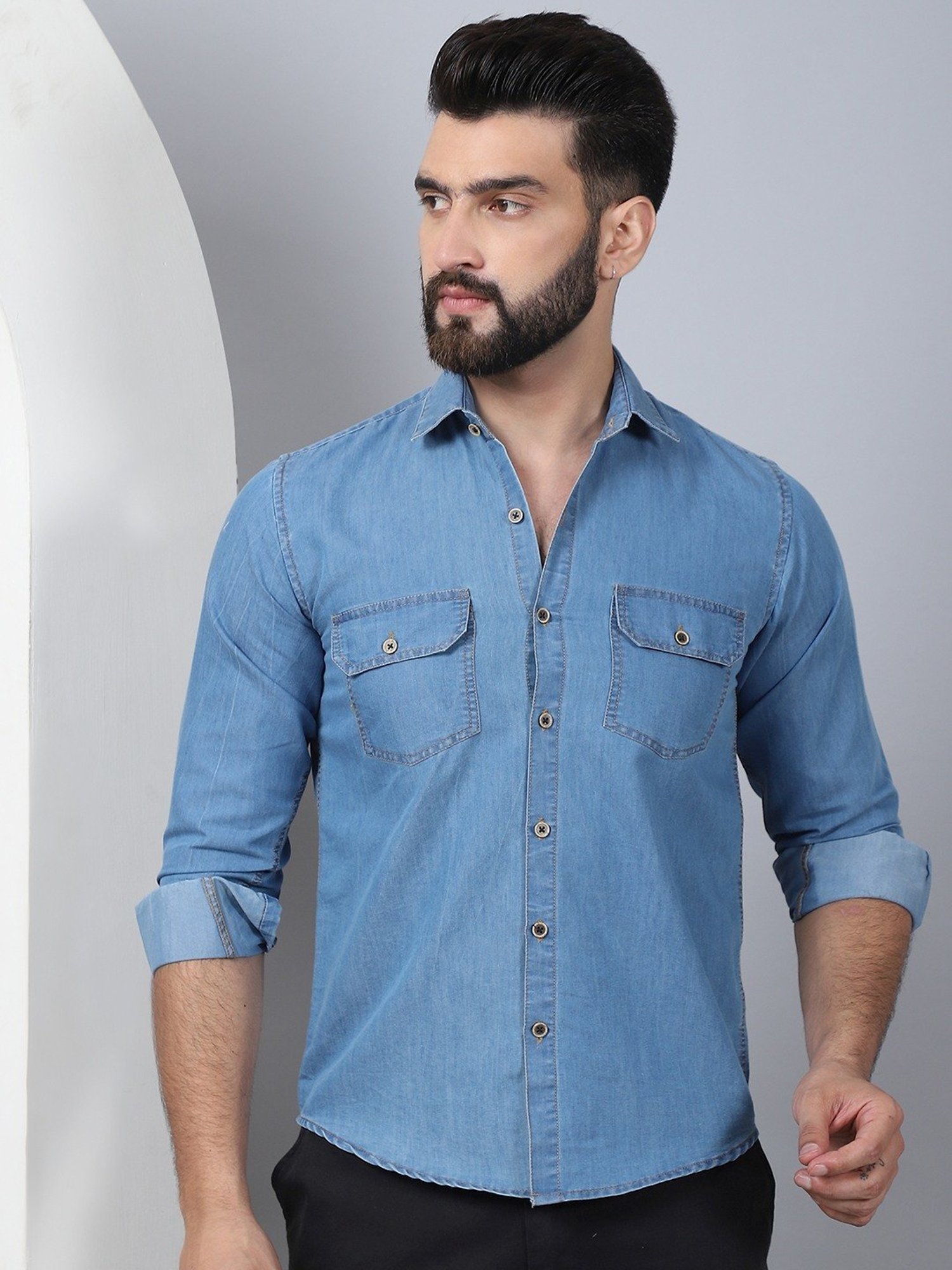 Indian Needle Light Blue Regular Fit Denim Shirt