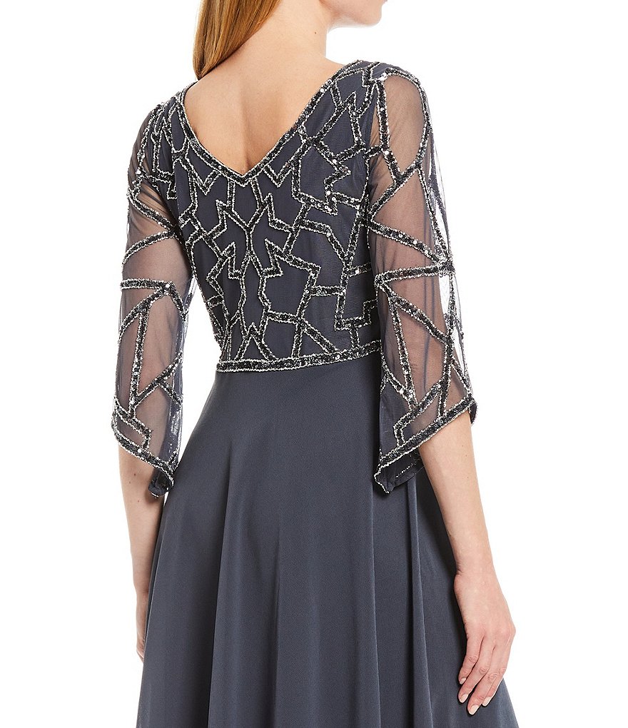 Jkara Petite Size V-Neck 3/4 Sleeve Beaded Bodice Gown