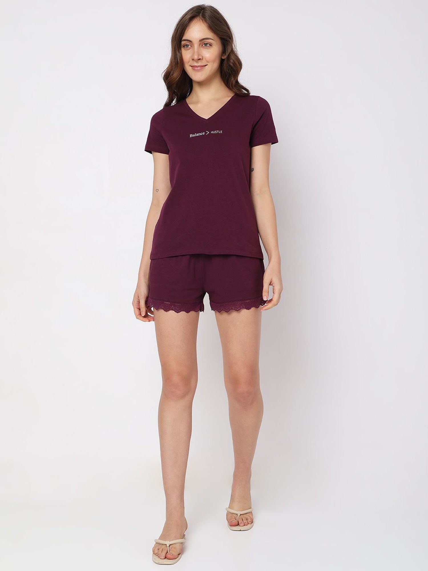 Vero Moda Intimates Wine Cotton Graphic Print T-Shirt With Shorts