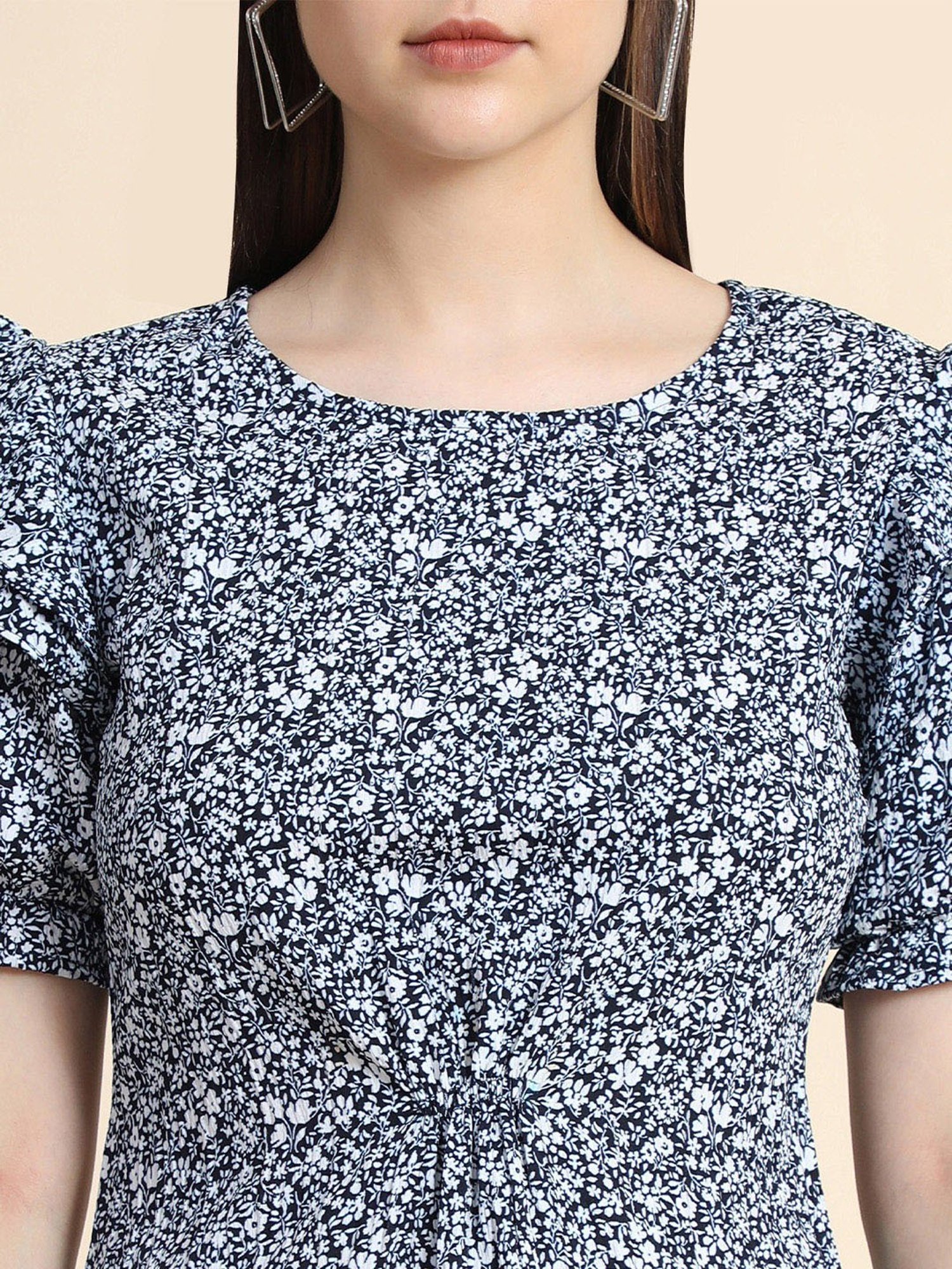 KERI PERRY Navy & White Floral Print Top