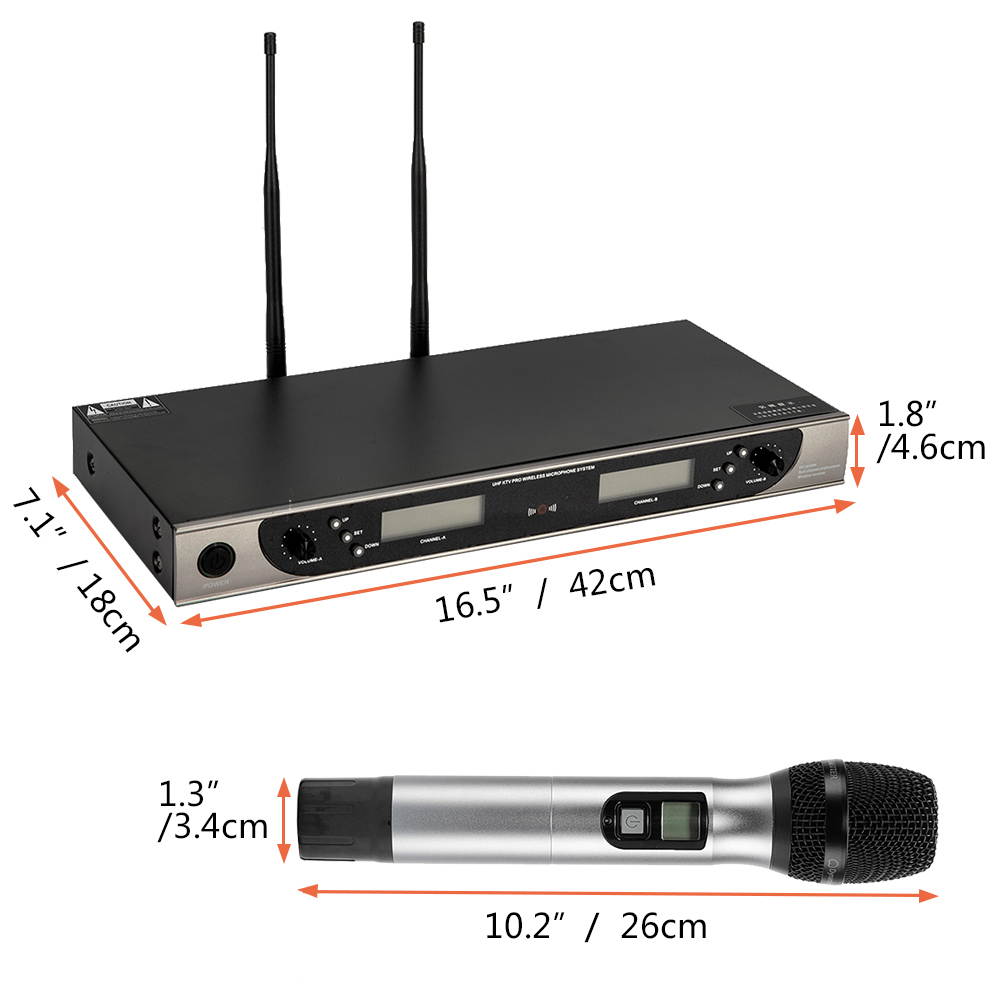 U-8008 UHF Anti-Interference Wireless Microphone System Adjustable Frequency Dual Handheld 2 x Mic Cordless Receiver Silver
