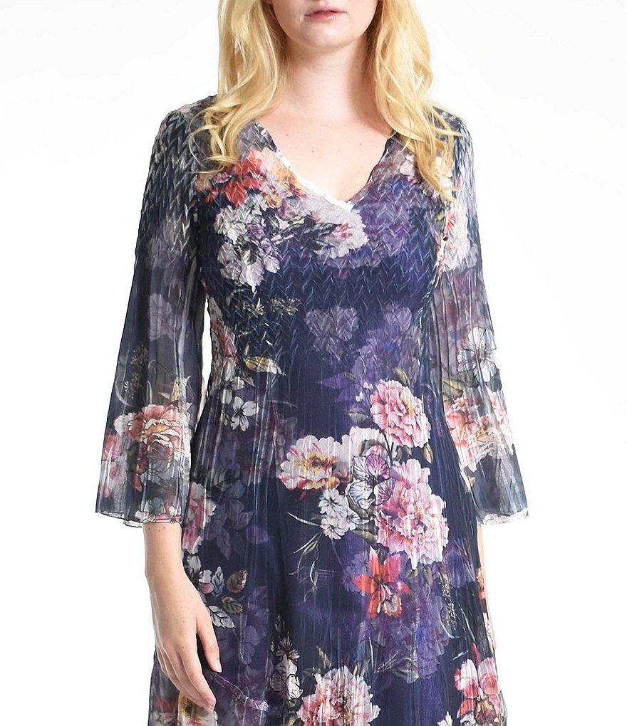 Komarov Floral V-Neck Pleated 3/4 Sleeve Knee Length Chiffon Dress