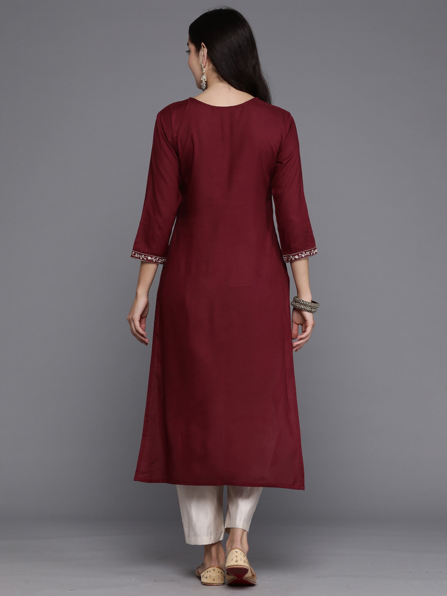 Indo Era Maroon Embroidered Straight Kurta