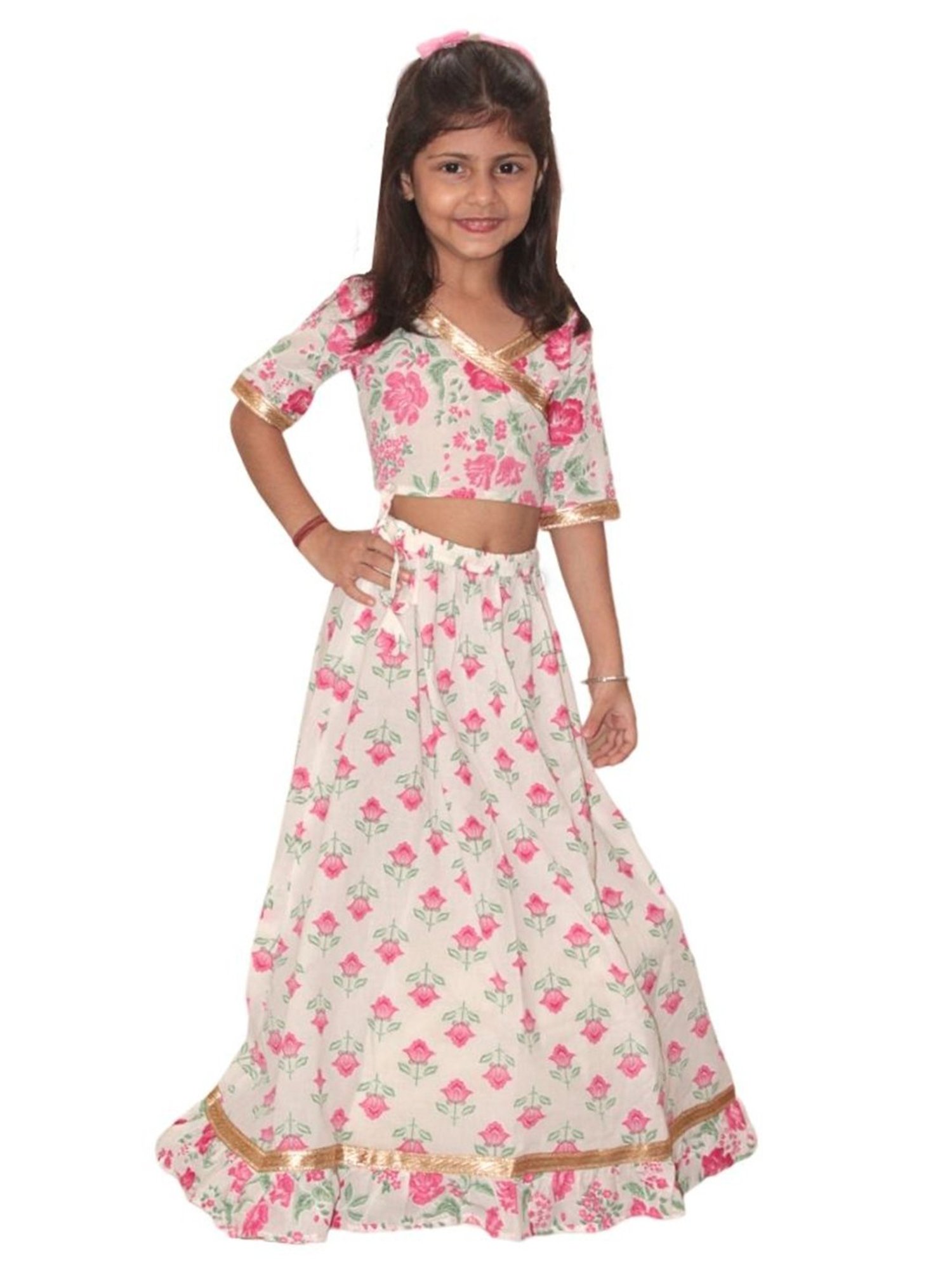 Tippy Top Kids White & Pink Floral Print Lehenga with Choli