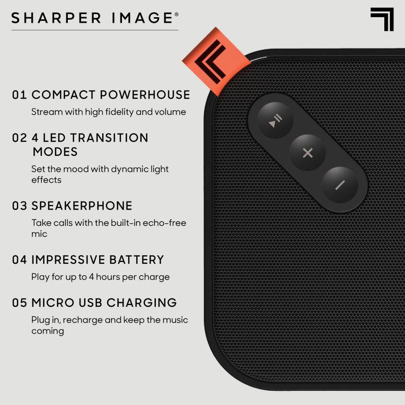 sharper image mini color changing speaker, sync to smartphone or tablet with bluetooth, impressive sound quality, stream 4 hour