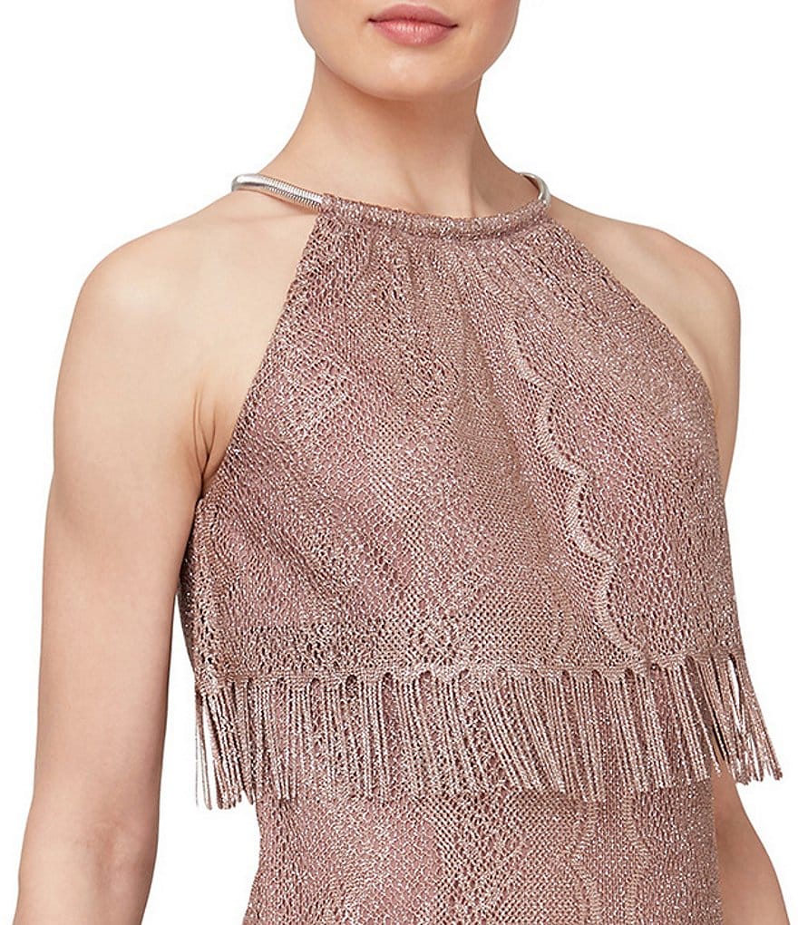 Ignite Evenings Tiered Crochet Fringe Sleeveless Sheath Dress