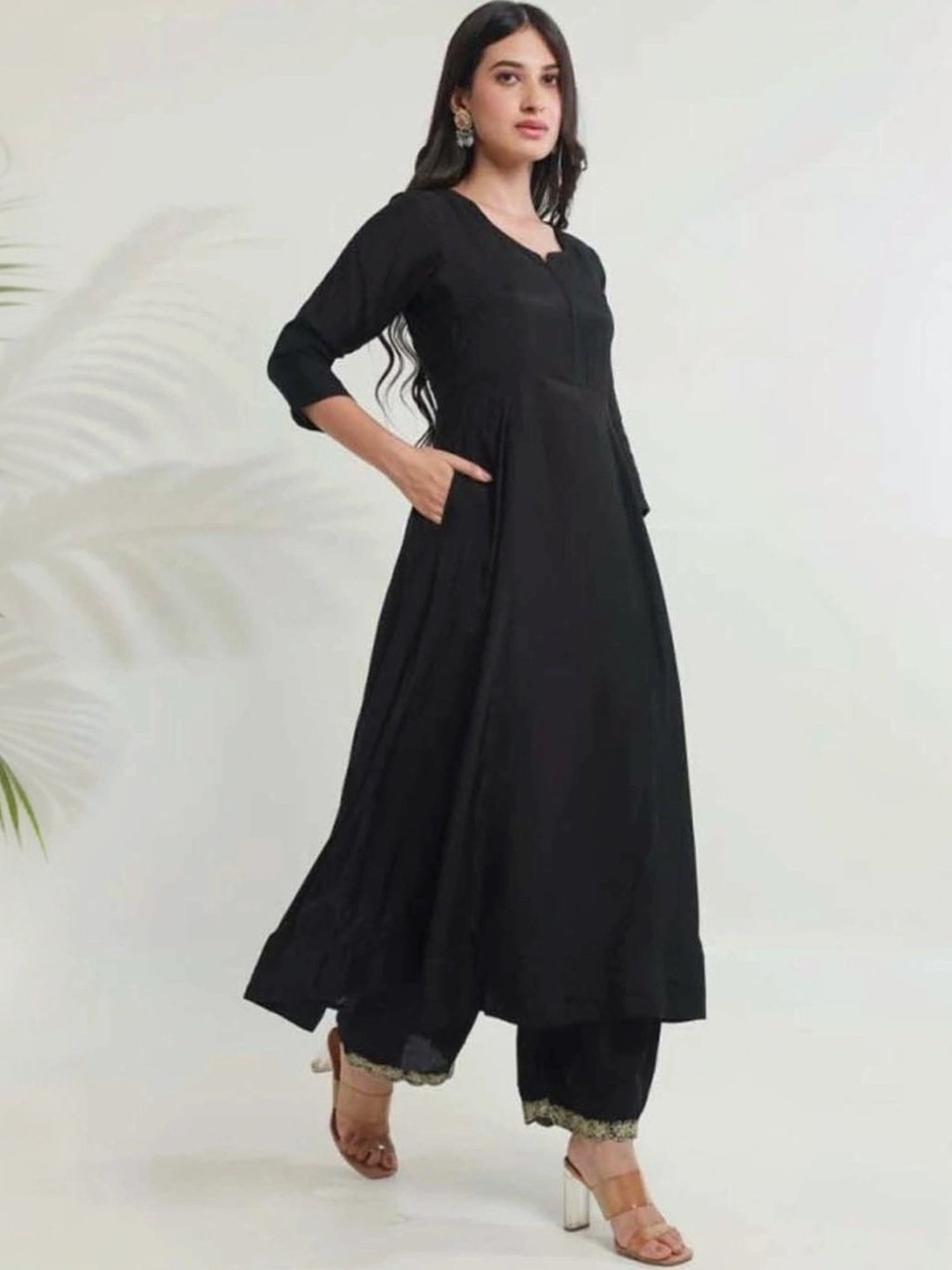 Asrumo Black Tara Chanderi Heavy Aari Embroidery Three Kali Kurta with Pant and Dupatta