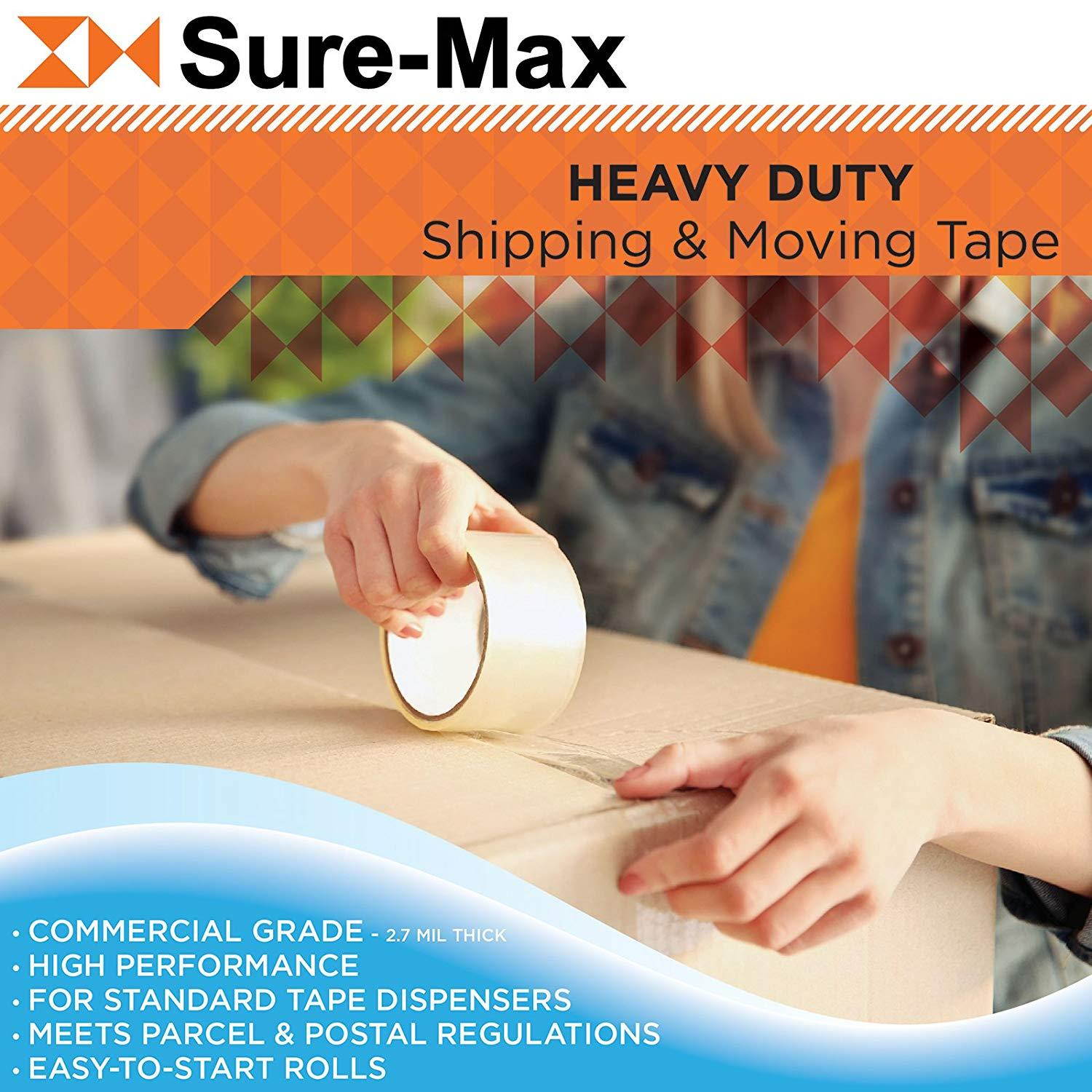 Sure-Max 6 Rolls Heavy-Duty Shipping & Packing Tape (2" x 120 yard/360' Each) - Moving & Adhesive Carton Sealing - 2.7mil Clear