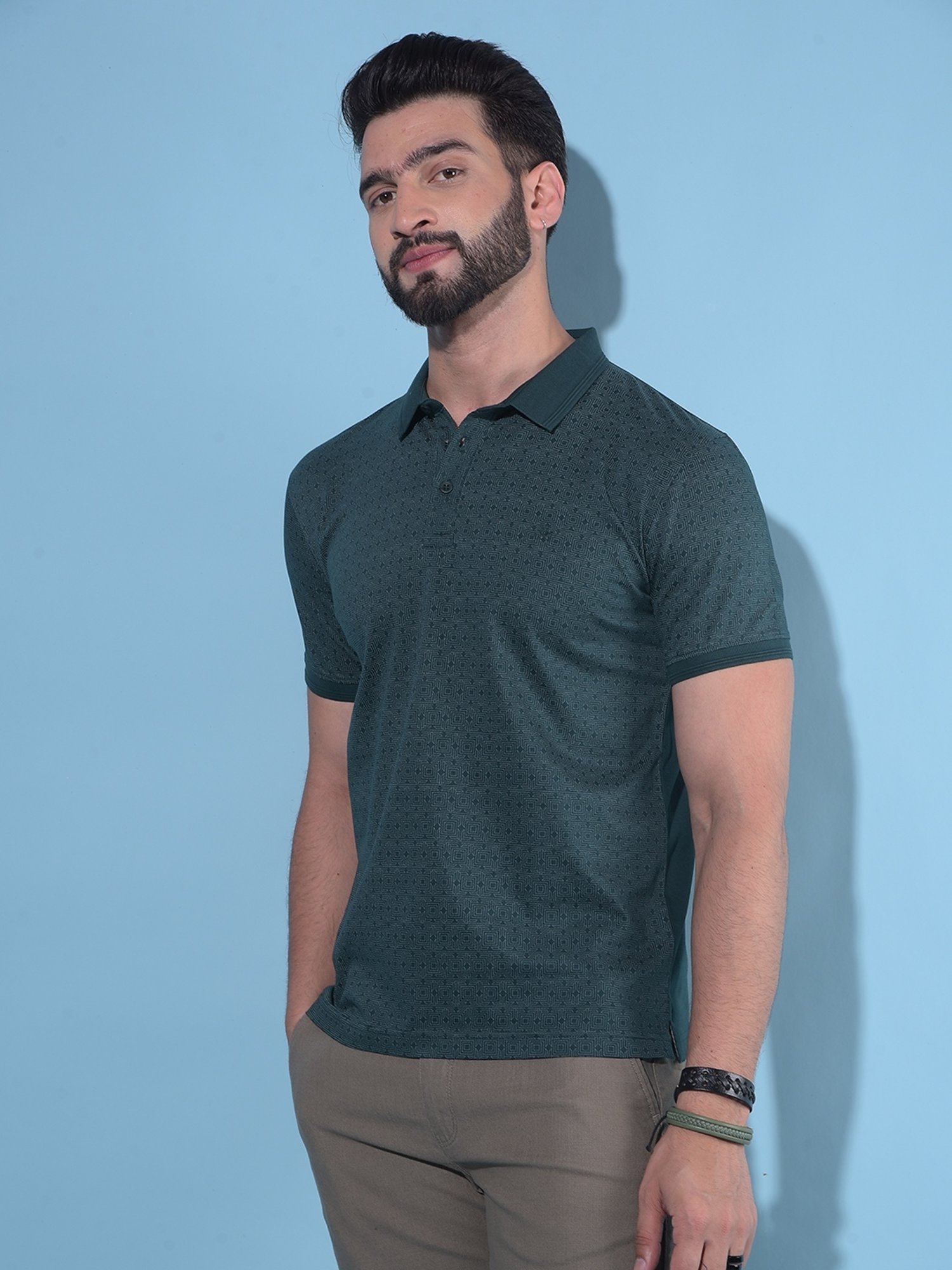 Crimsoune Club Green Cotton Slim Fit Printed Polo T-Shirt