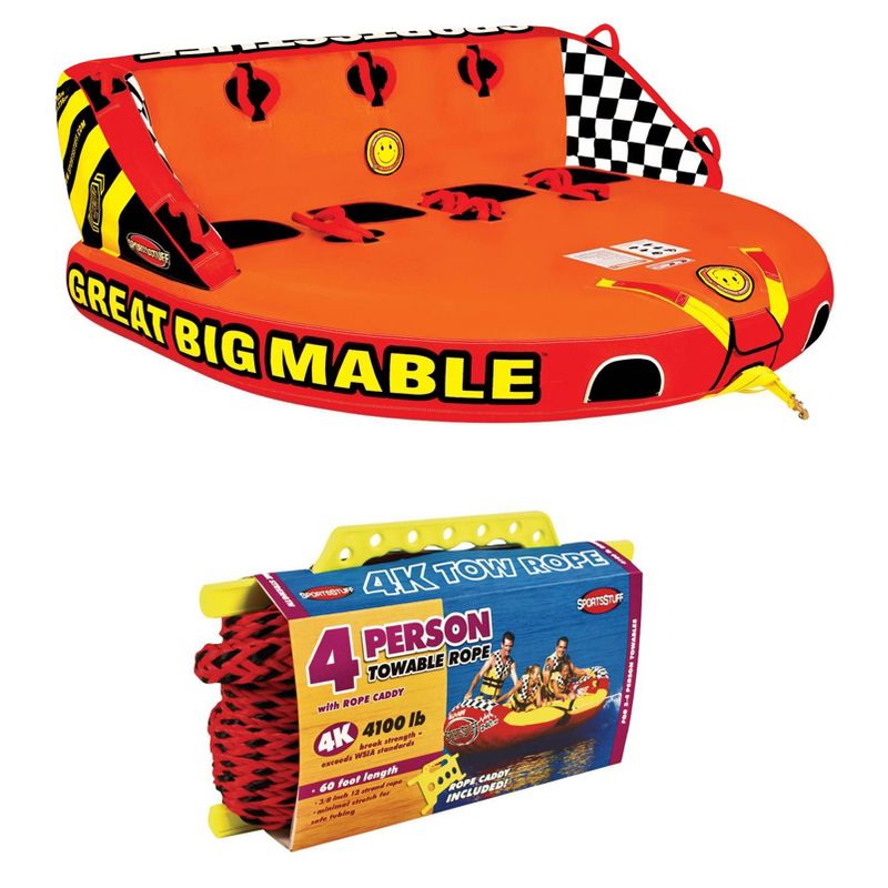 SPORTSSTUFF 53-2218 Great Big Mable 4-Person Towable Boat and Lake Tube Inflatable with 60 Foot Tow Rope, Heavy-Duty Full Nylon Cover, & Grab Handles