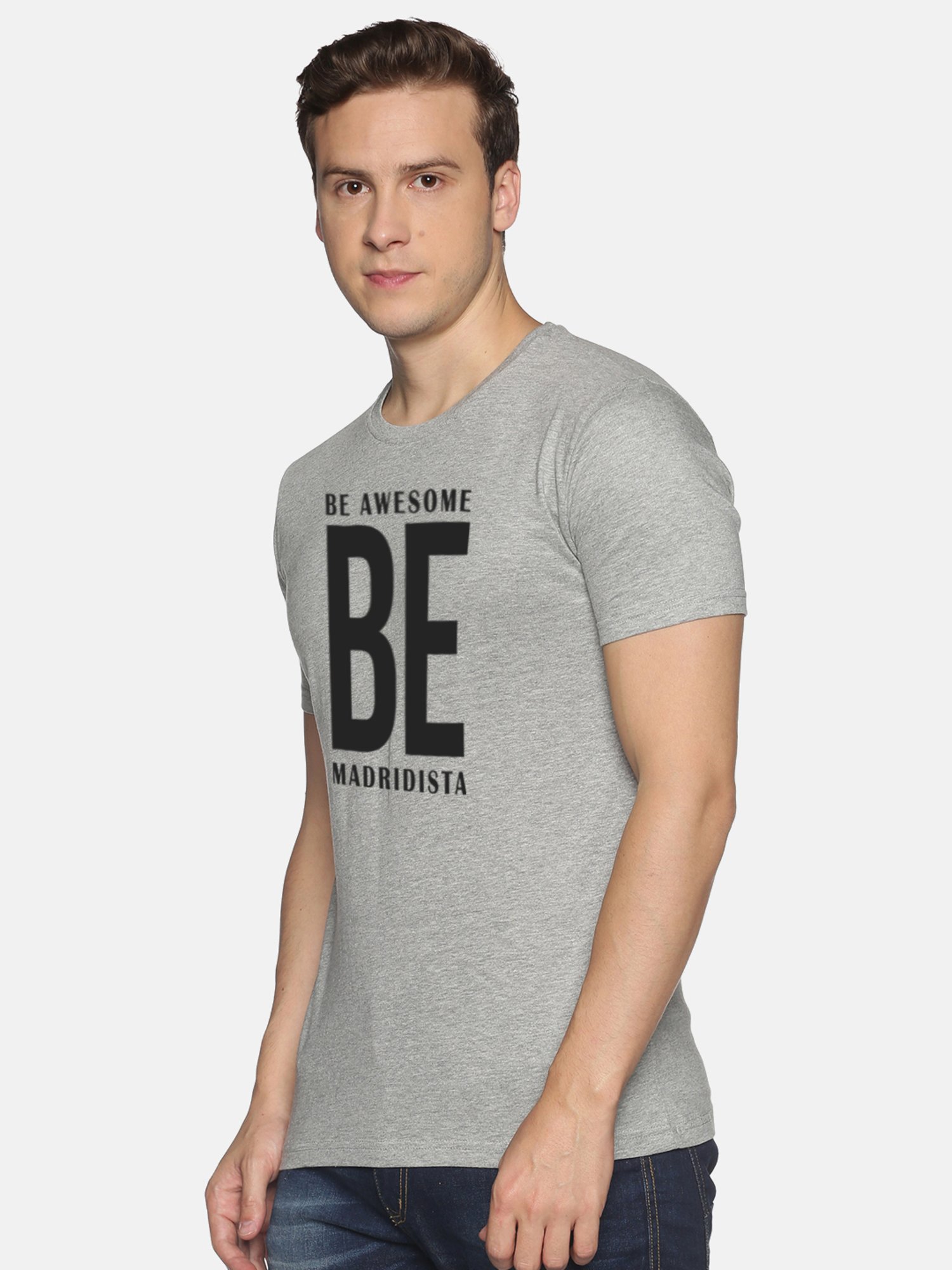 BLACK RADIO Grey Melange Slim Fit Printed Cotton Crew T-Shirt