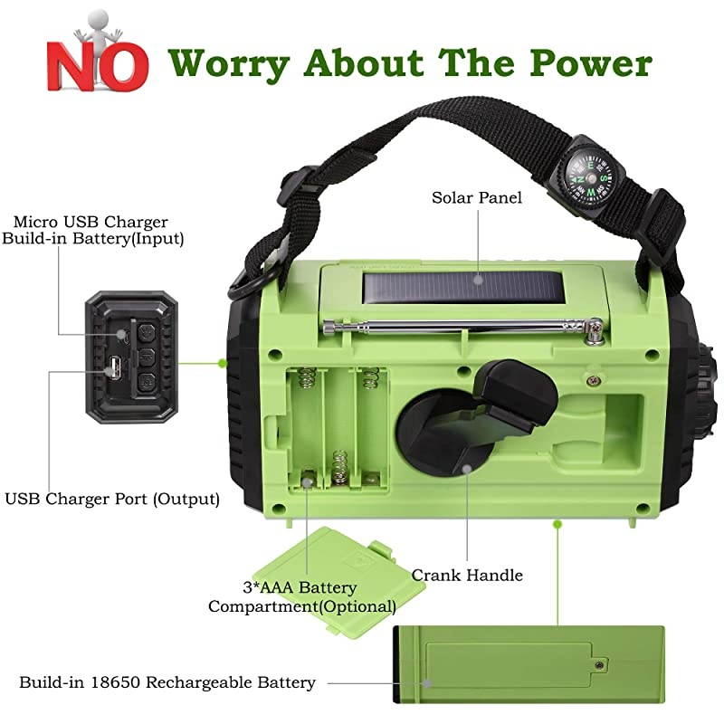 Emergency Solar Hand Crank Radio 5way Powered AMFMSWNOAA Weather Alert Radio Power Bank for Phone Charger SOS Loud AlarmLED FlashlightReading LampCompass for Camping Travelling Home