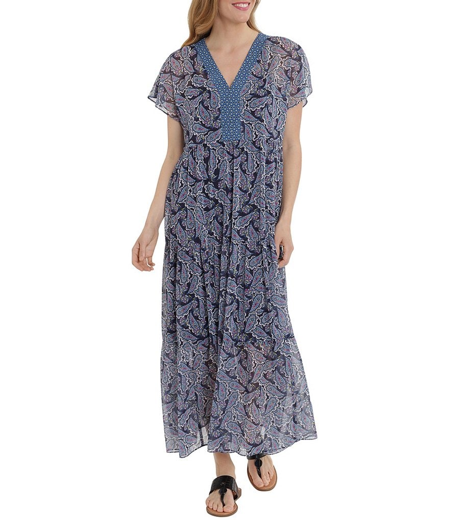 London Times Short Sleeve V-Neck Paisley Tiered Maxi Dress