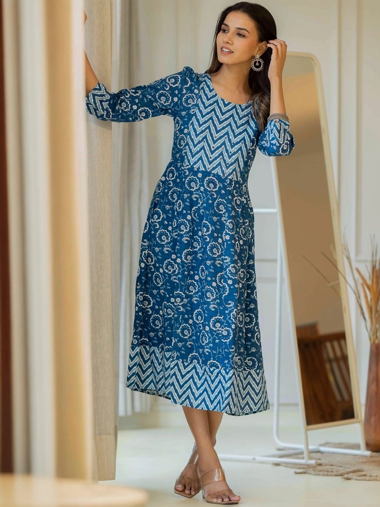 MIRCHI FASHION Blue Cotton Printed A-Line Dress