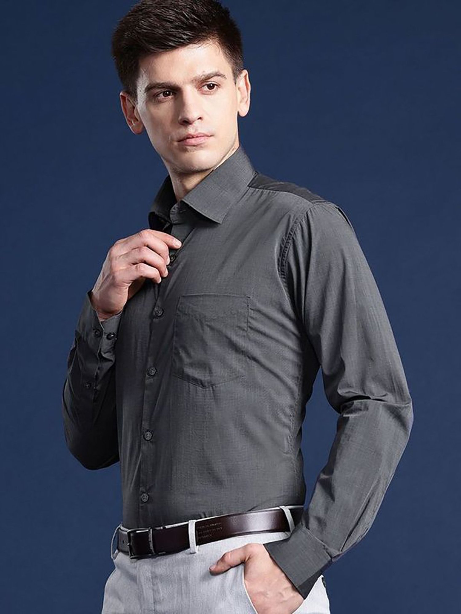 Hancock Grey Cotton Slim Fit Solid Shirts