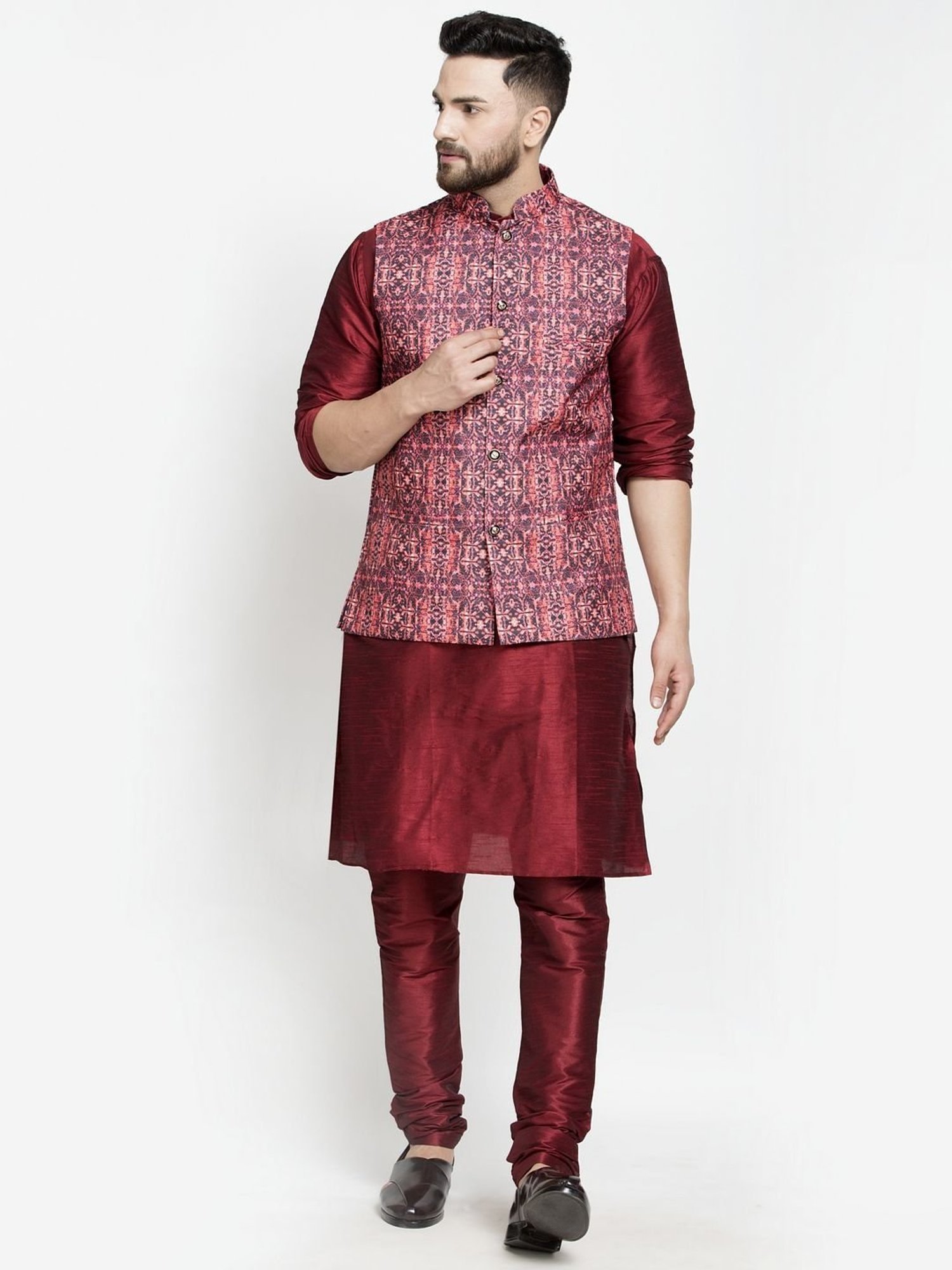 Benstoke Maroon & Coral Regular Fit Printed Kurta Set With Jacket