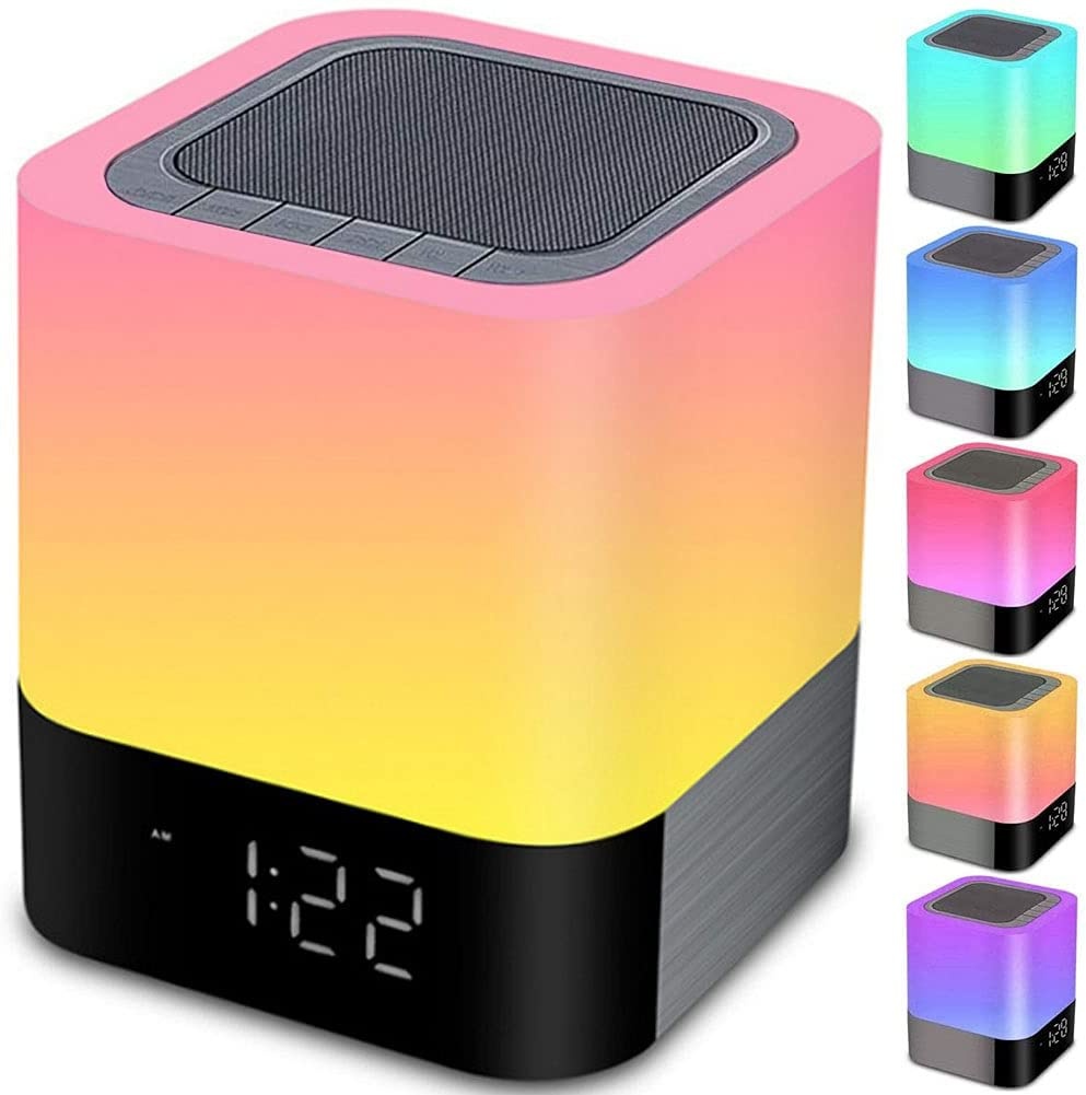 Bluetooth Speaker Night Lights, 5 in 1 Bedside Lamp with Bluetooth Speaker, 12/24H Digital Calendar Alarm Clock, Touch Control & 4000mAh Battery, Support TF and SD Card, Music Player, Room Decor