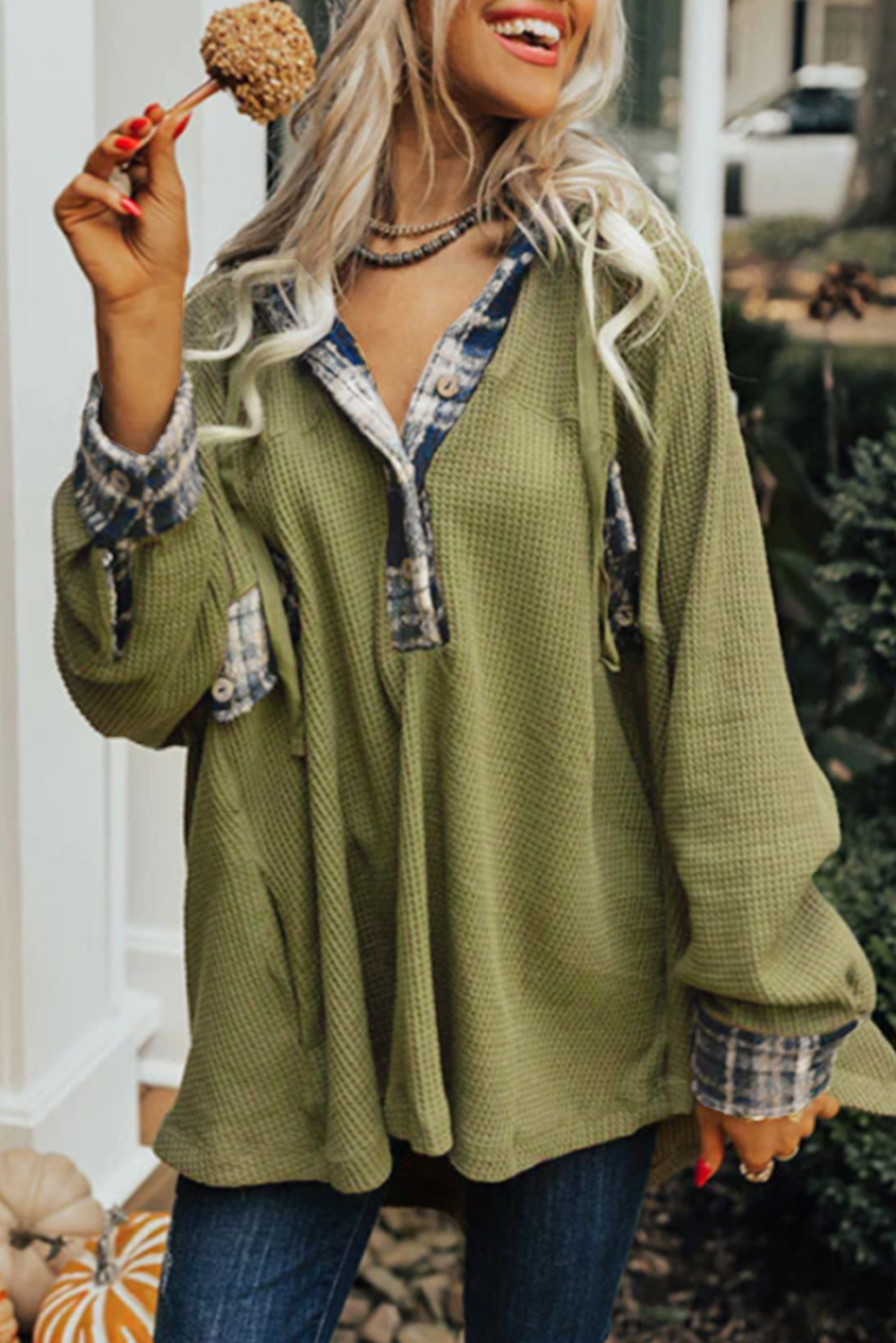 Green Waffle Knit and Flannel Henley Oversized Hoodie