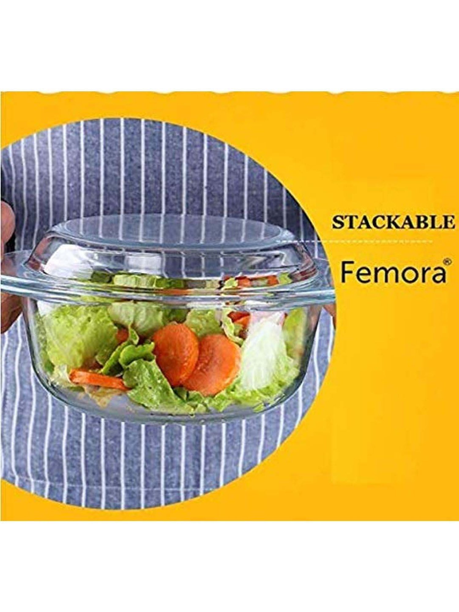 Femora Borosilicate Glass Round Serving Casserole with Lids (1000 ml & 700 ml) - Set of 2