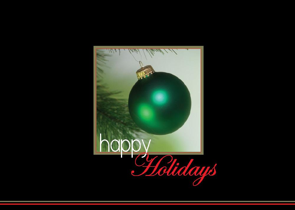 Holiday Greeting Cards - H1107. Greeting Cards with an Image of a Green Bulb with a Black Border. Box Set Has 25 Greeting Cards and 26 White with Gold Foil Lined Envelopes.
