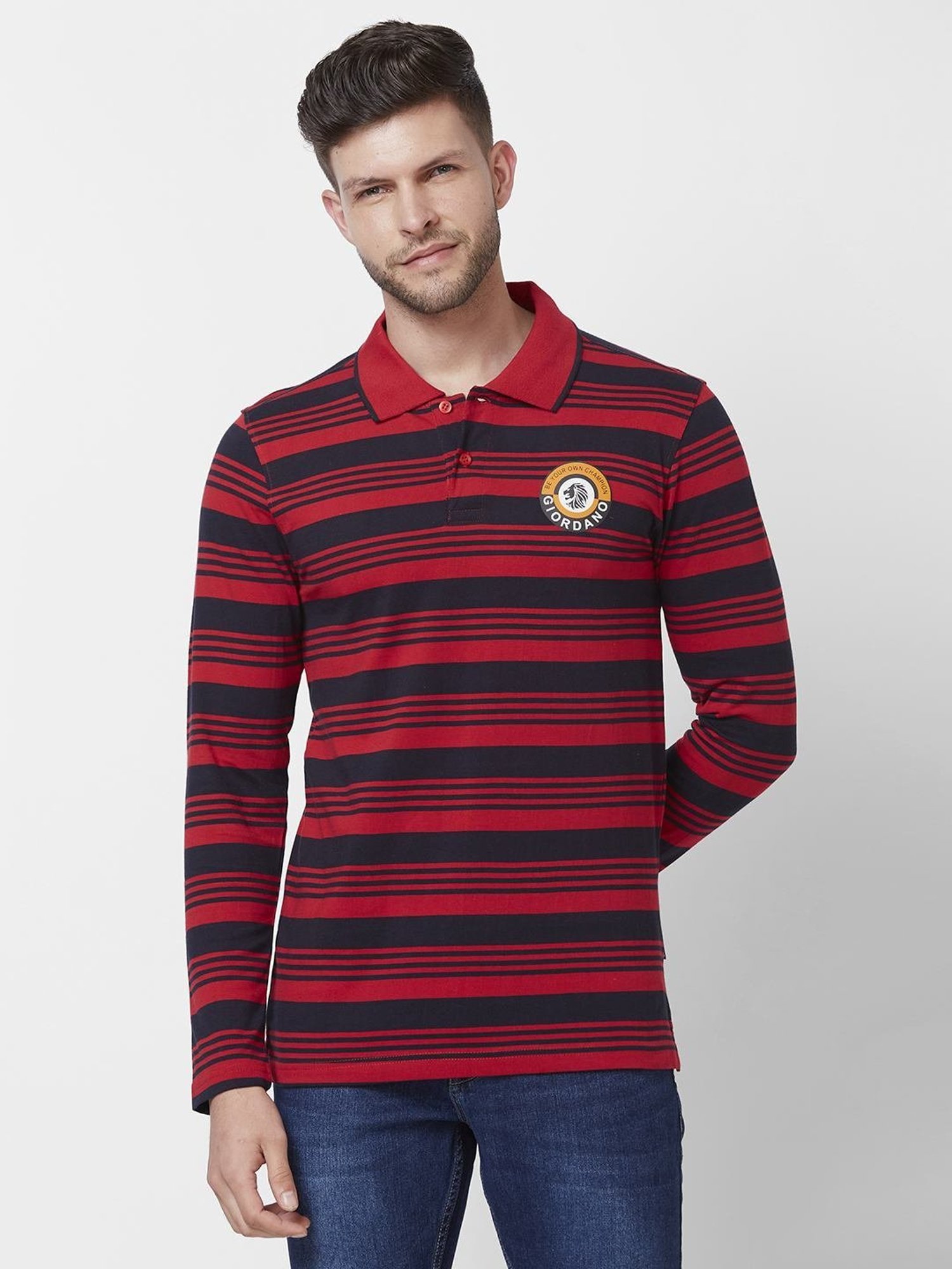 Giordano Red Cotton Slim Fit Striped Polo T-Shirt