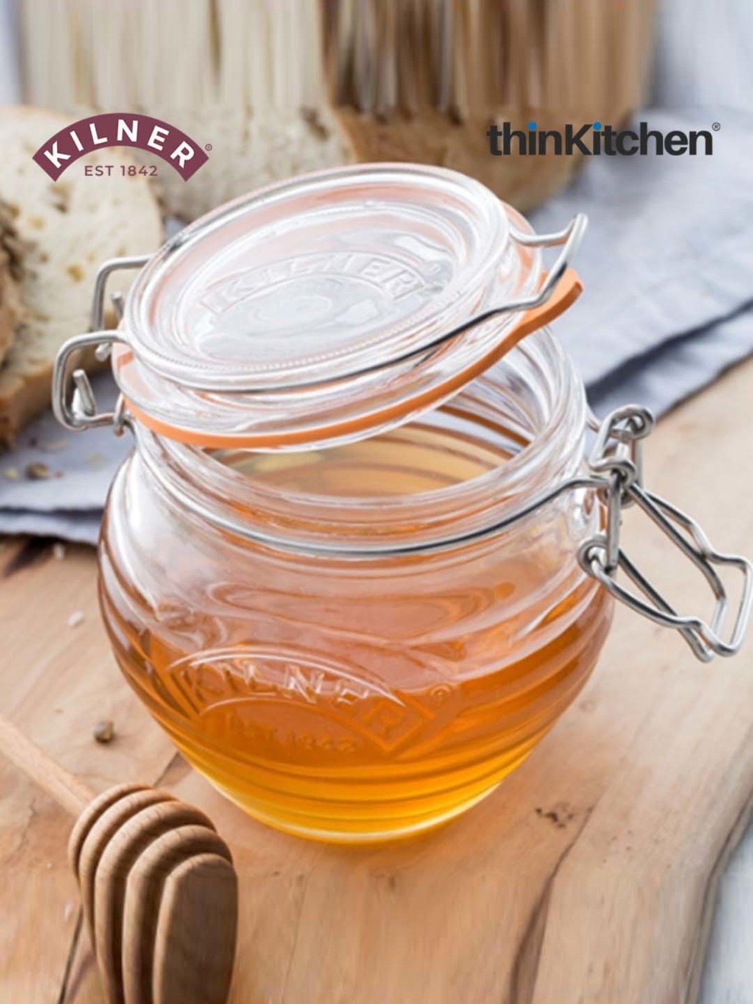 Kilner Transparent Glass Honey Pot With Beech Dipper (0.4 L)