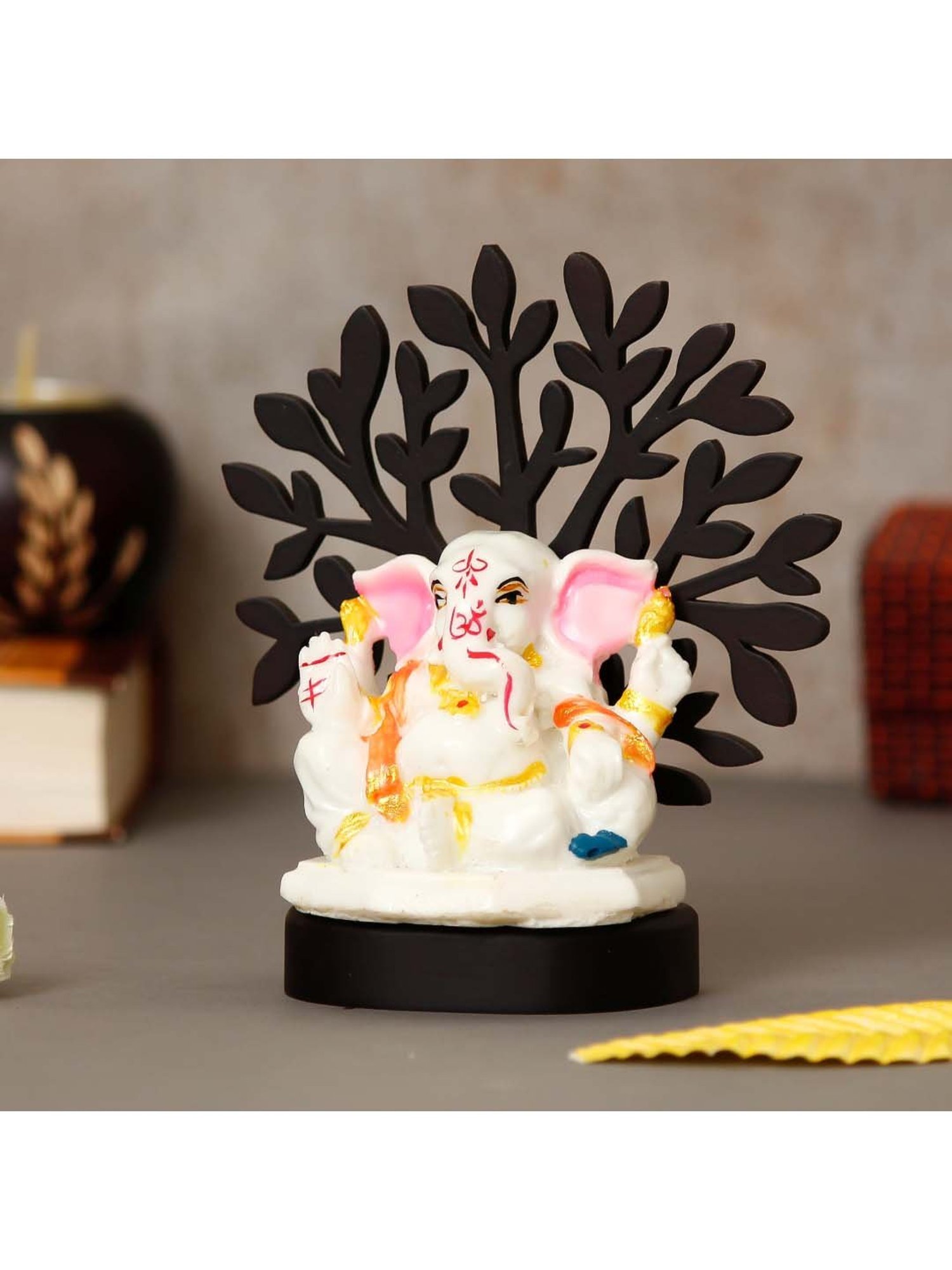 Decorative Lord Ganesha Idol with Wooden Tree for Car Dashboard, Home Temple and Office Desks