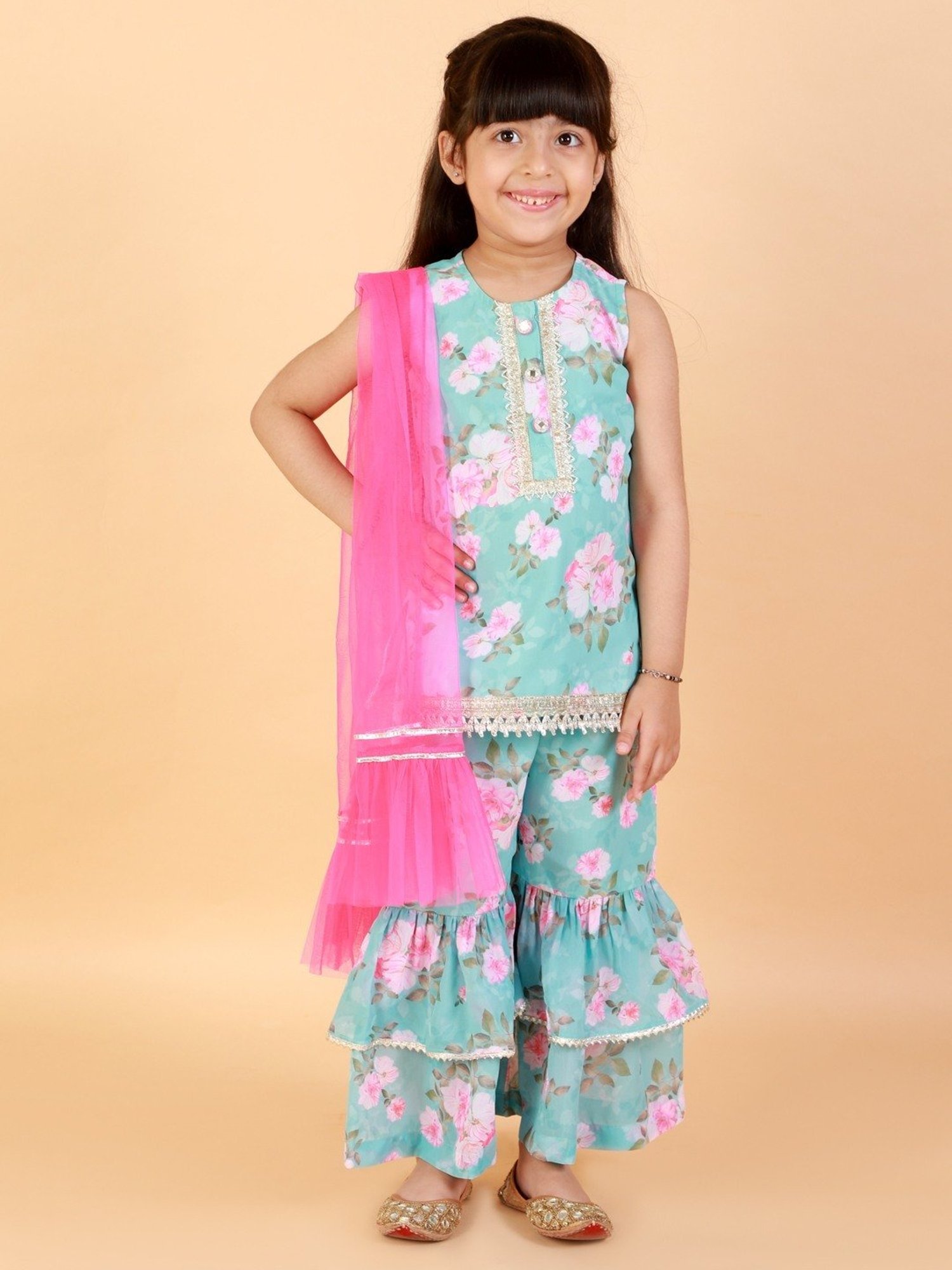 Lil Drama Kids Blue & Pink Cotton Floral Print Kurta Set