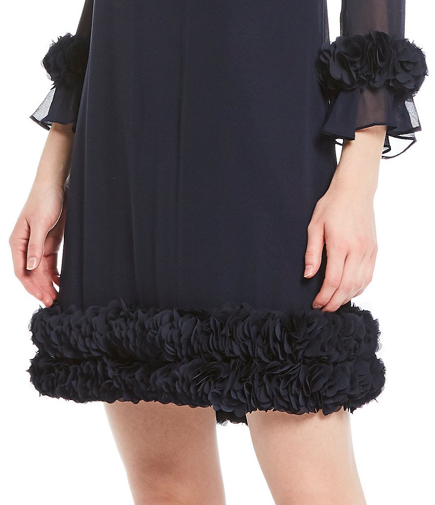 Alex Marie Amelia Mock Smocked Mock Neck Floral Petal Detail Illusion 3/4 Sleeve Chiffon Dress