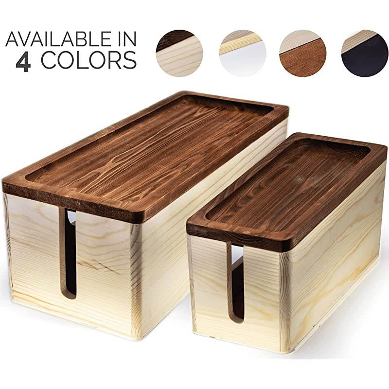 of Two Rustic Wooden Cable Management Box Cord Organizer Made of Real Wood Large Storage Holder for Desk TV Computer USB Hub System to Cover and Hide amp Power Strips amp Cords Natural Wood