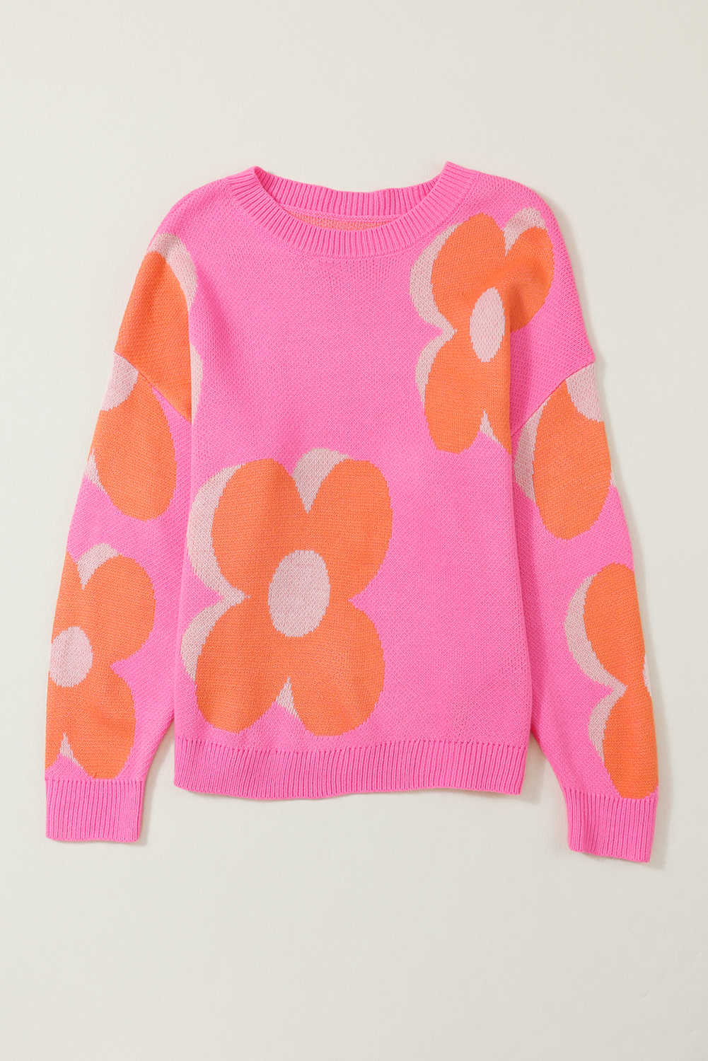 Pink & Orange 60s Floral Cable Knitted Sweater
