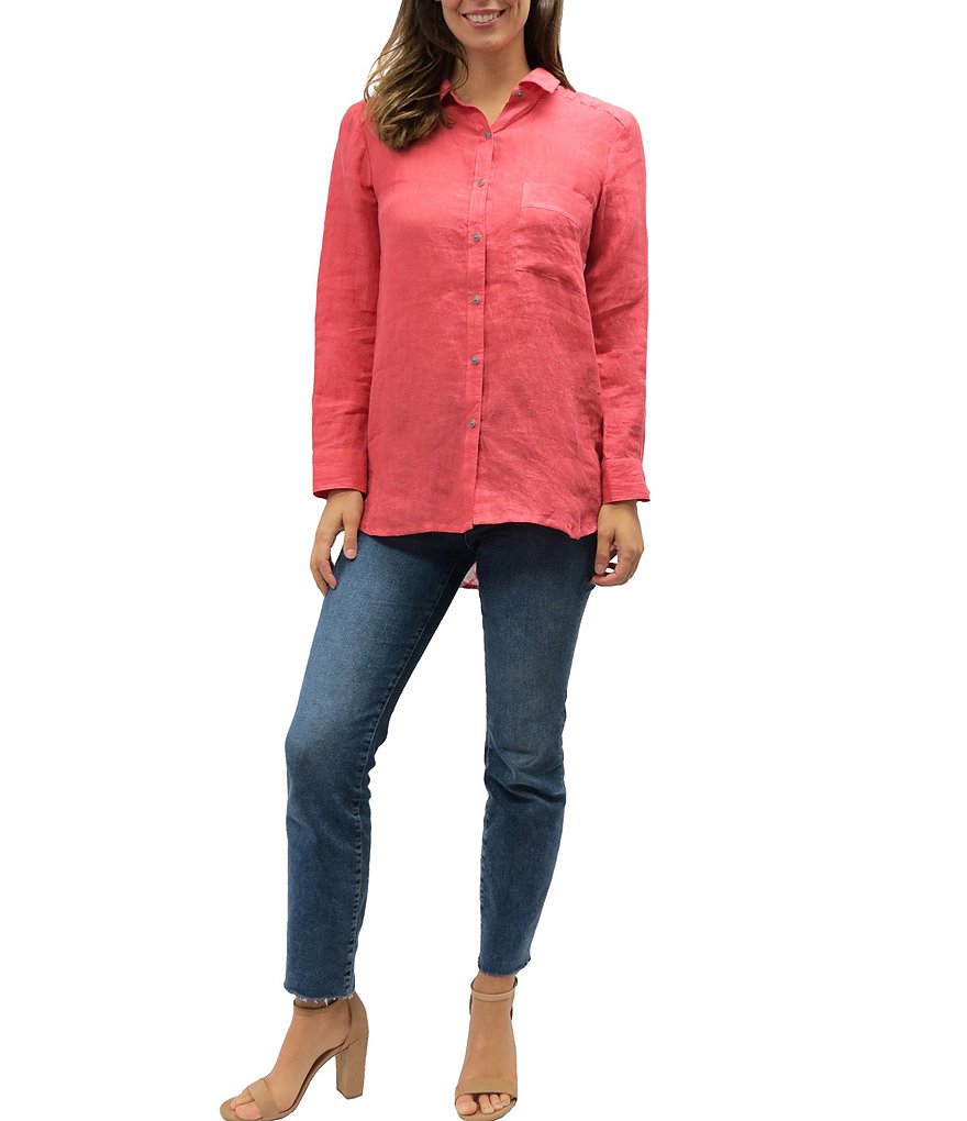 Karyn Seo Long Sleeve Coral Button Front & Floral Print Back Linen Blend Shirt